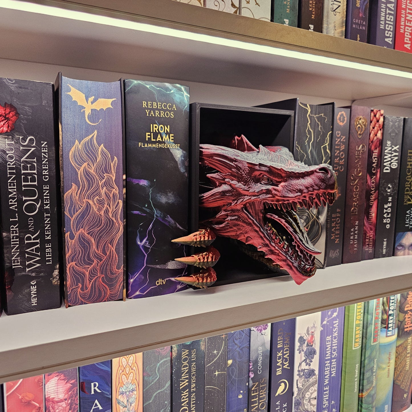 Book Nook Awakening Drache Rot/Schwarz/Gold glänzend | 3D Druck | Buchstütze | Dekoration Bücherregal