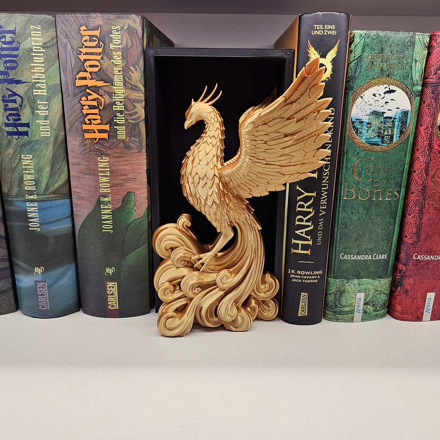 Book Nook Phoenix Gold glänzend | 3D Druck | Buchstütze | Dekoration Bücherregal