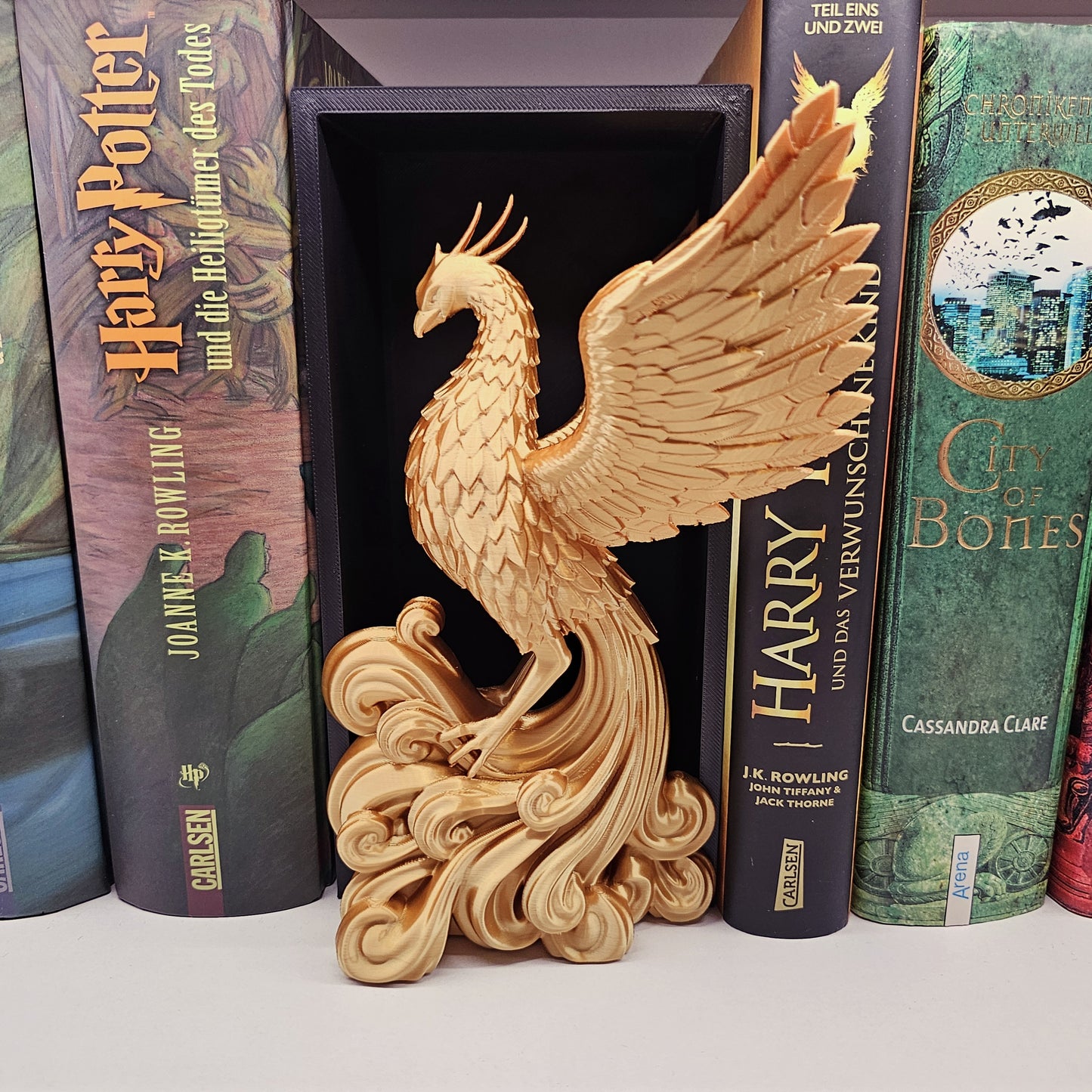 Book Nook Phoenix Gold glänzend | 3D Druck | Buchstütze | Dekoration Bücherregal