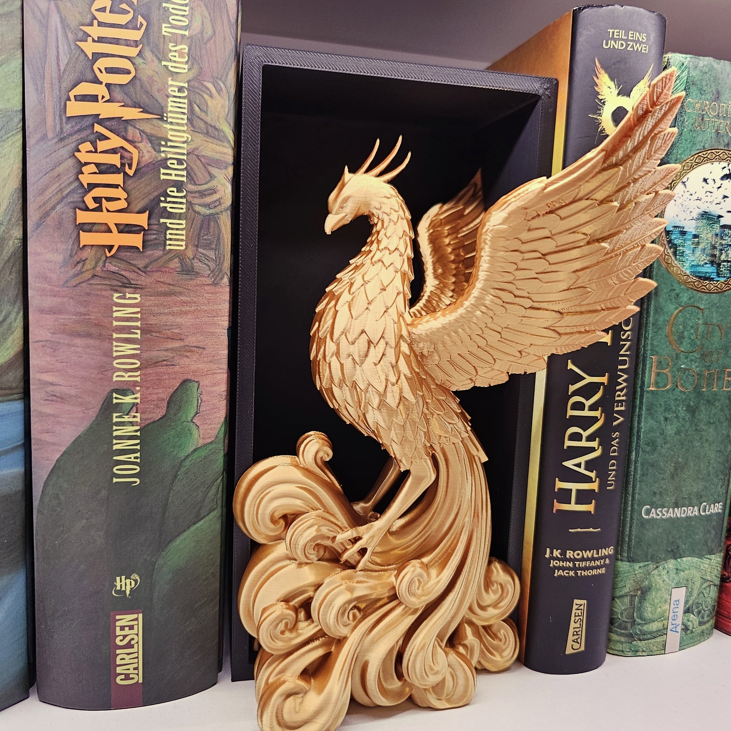 Book Nook Phoenix Gold glänzend | 3D Druck | Buchstütze | Dekoration Bücherregal
