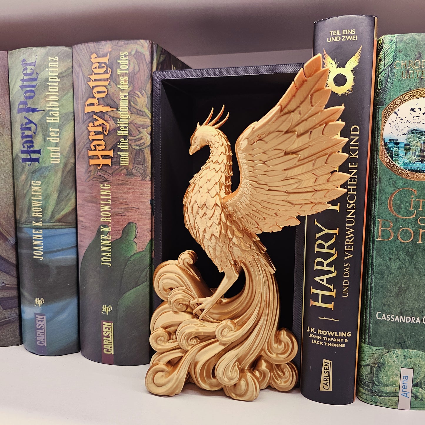 Book Nook Phoenix Gold glänzend | 3D Druck | Buchstütze | Dekoration Bücherregal