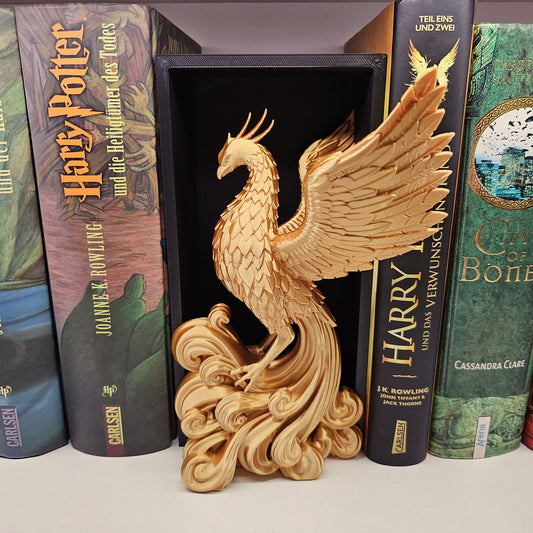 Book Nook Phoenix Gold glänzend | 3D Druck | Buchstütze | Dekoration Bücherregal