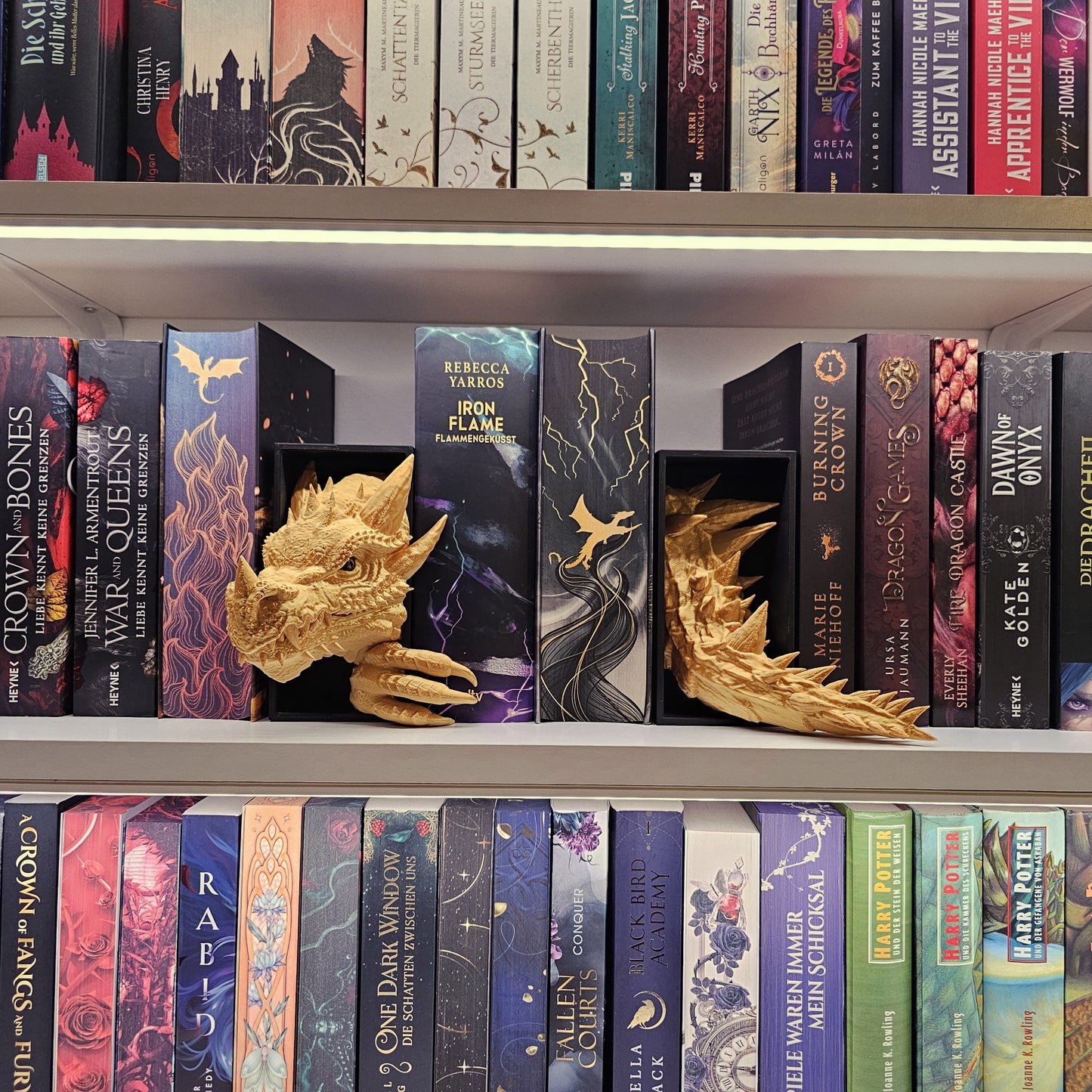 Book Nook Set Drache Gold glänzend Klein | 3D Druck | Buchstütze | Dekoration Bücherregal