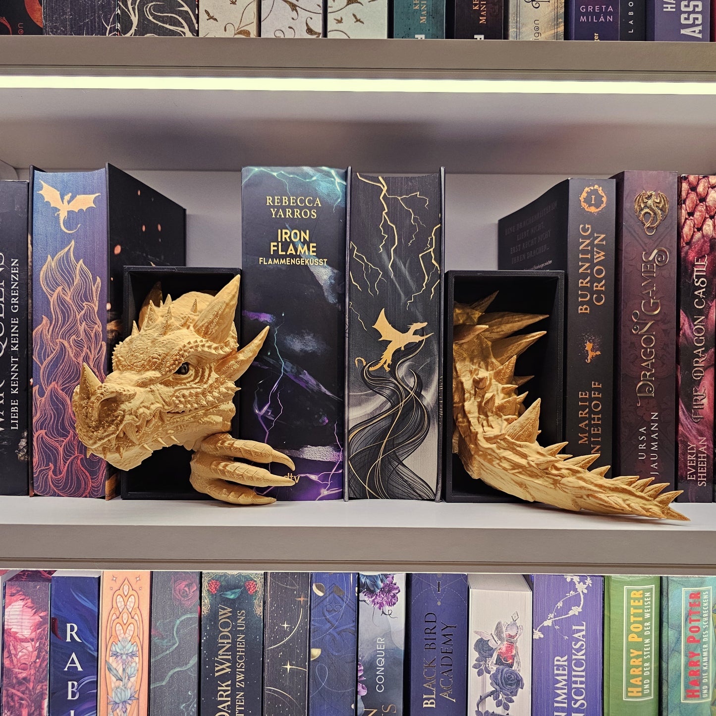 Book Nook Set Drache Gold glänzend Klein | 3D Druck | Buchstütze | Dekoration Bücherregal