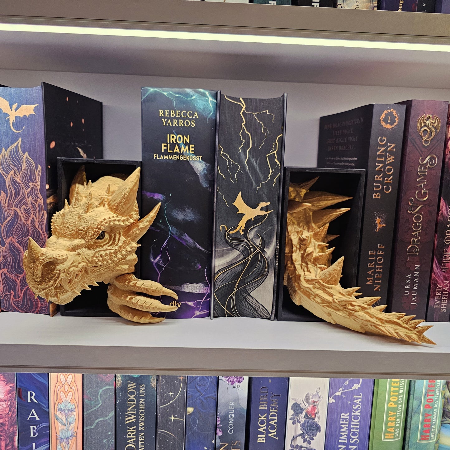 Book Nook Set Drache Gold glänzend Klein | 3D Druck | Buchstütze | Dekoration Bücherregal