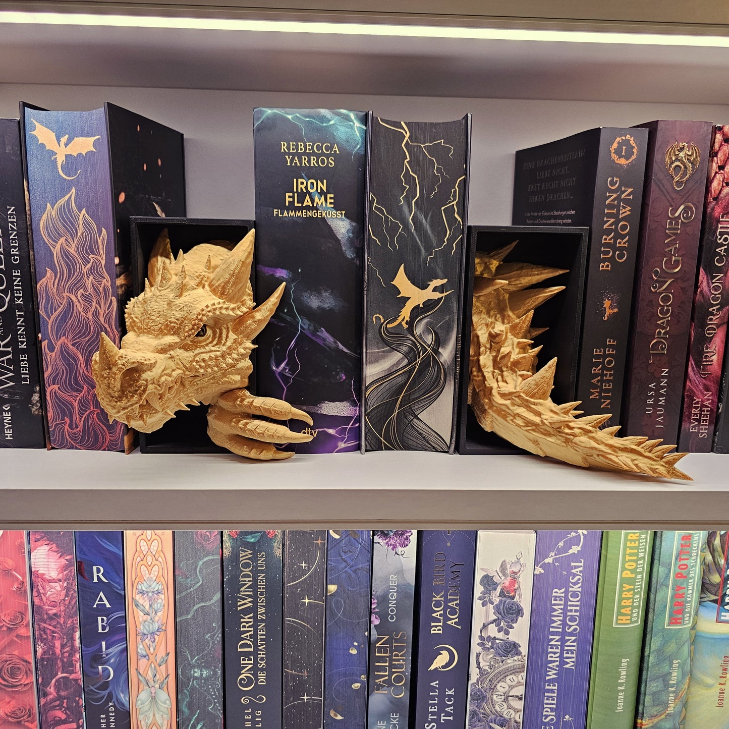 Book Nook Set Drache Gold glänzend Klein | 3D Druck | Buchstütze | Dekoration Bücherregal