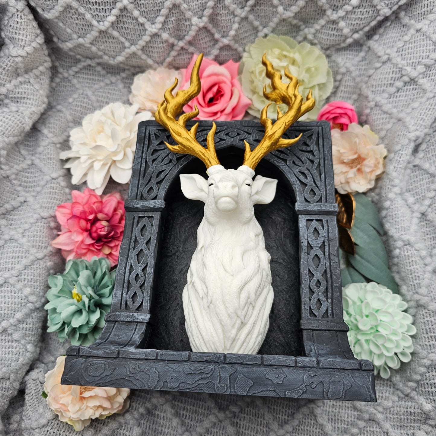 Book Nook Hirsch Schwarz/Weiß/Gold | 3D Druck | Buchstütze | Dekoration Bücherregal