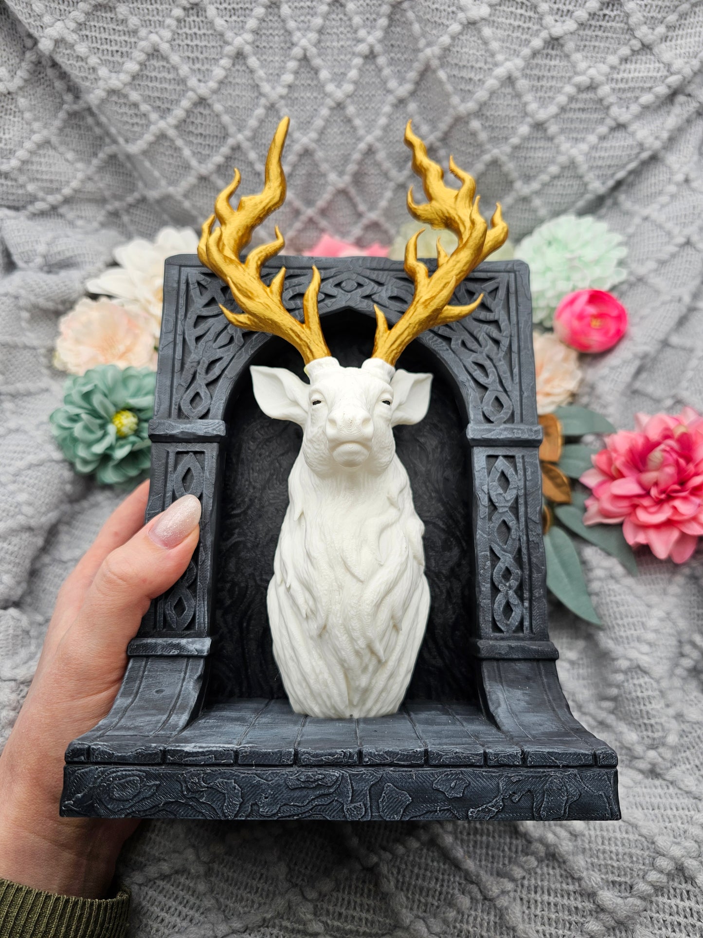 Book Nook Hirsch Schwarz/Weiß/Gold | 3D Druck | Buchstütze | Dekoration Bücherregal