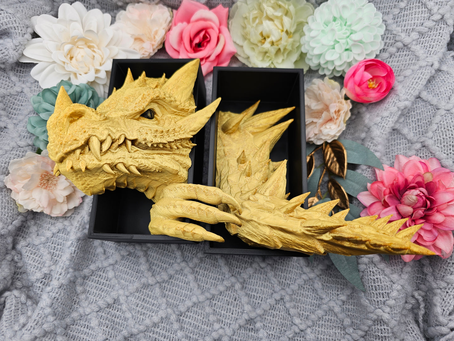 Book Nook Set Drache Gold glänzend Klein | 3D Druck | Buchstütze | Dekoration Bücherregal