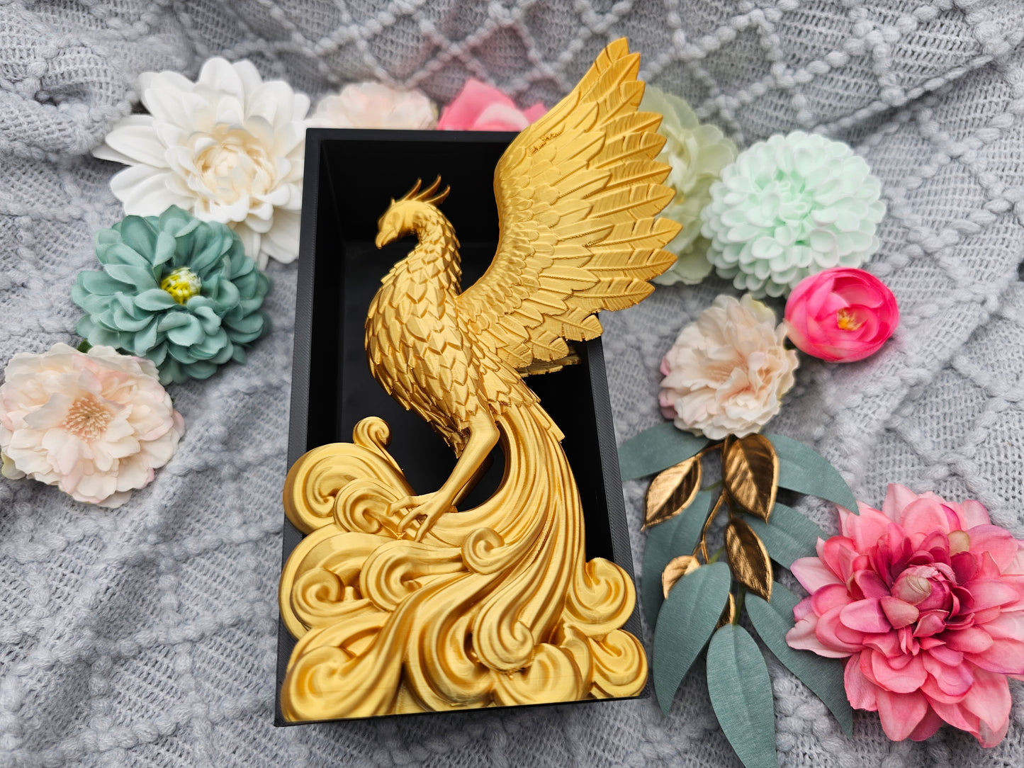 Book Nook Phoenix Gold glänzend | 3D Druck | Buchstütze | Dekoration Bücherregal