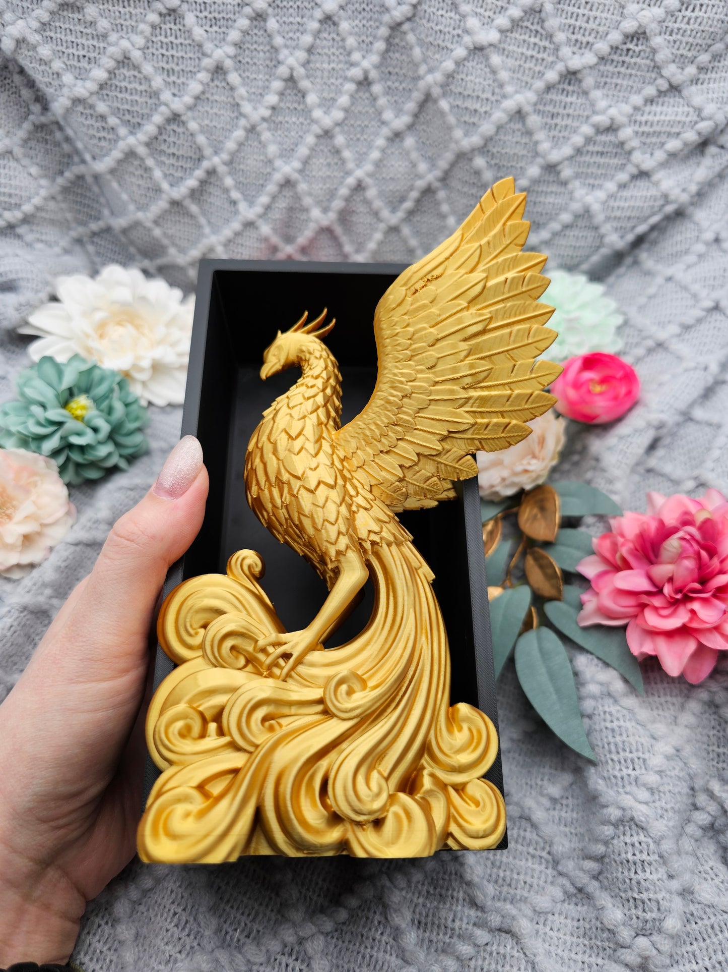 Book Nook Phoenix Gold glänzend | 3D Druck | Buchstütze | Dekoration Bücherregal