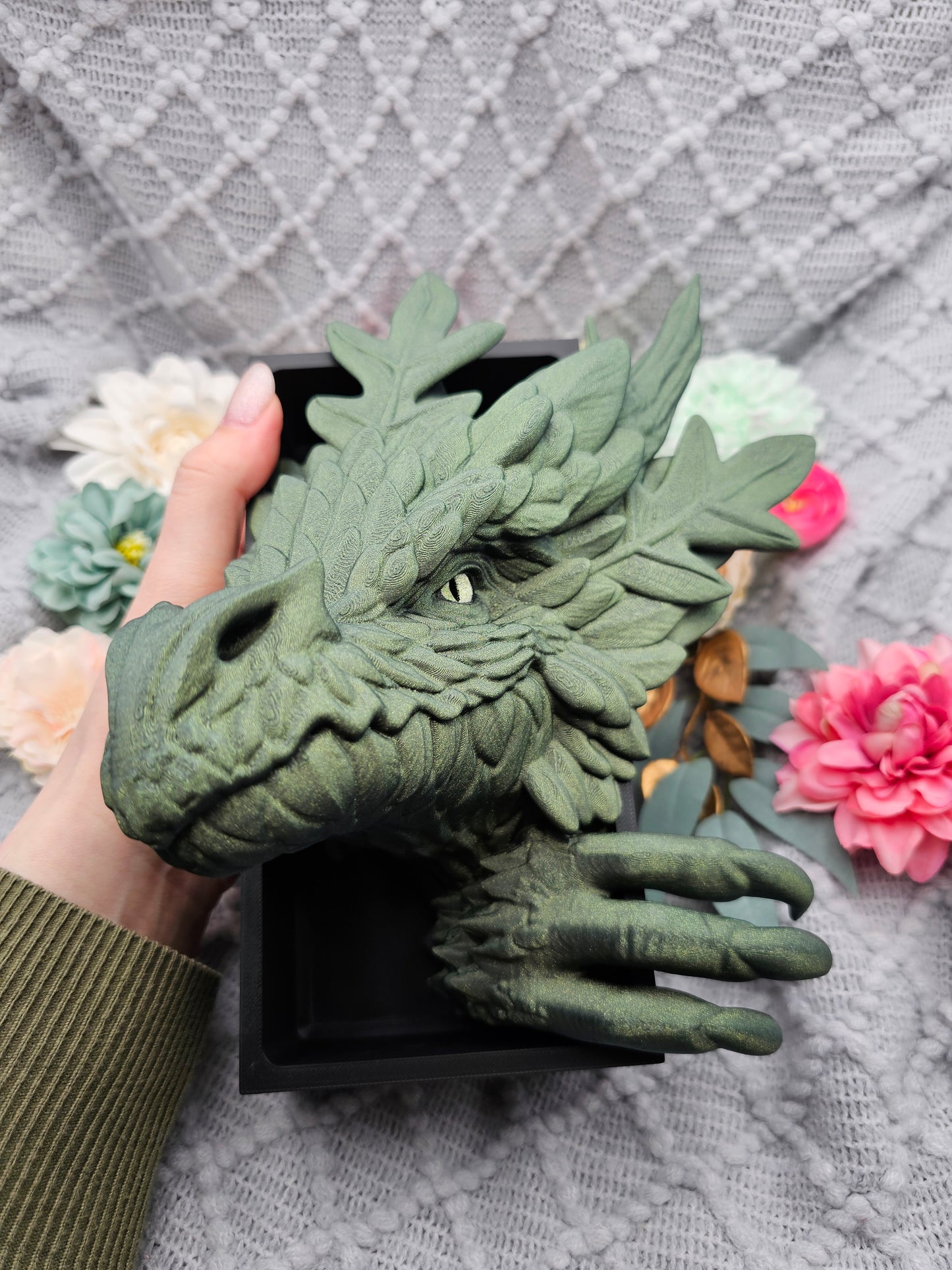 Book Nook Forest Dragon Green with Gold Glitter Set/Single | 3D Print | Bookend | Bookshelf Decoration