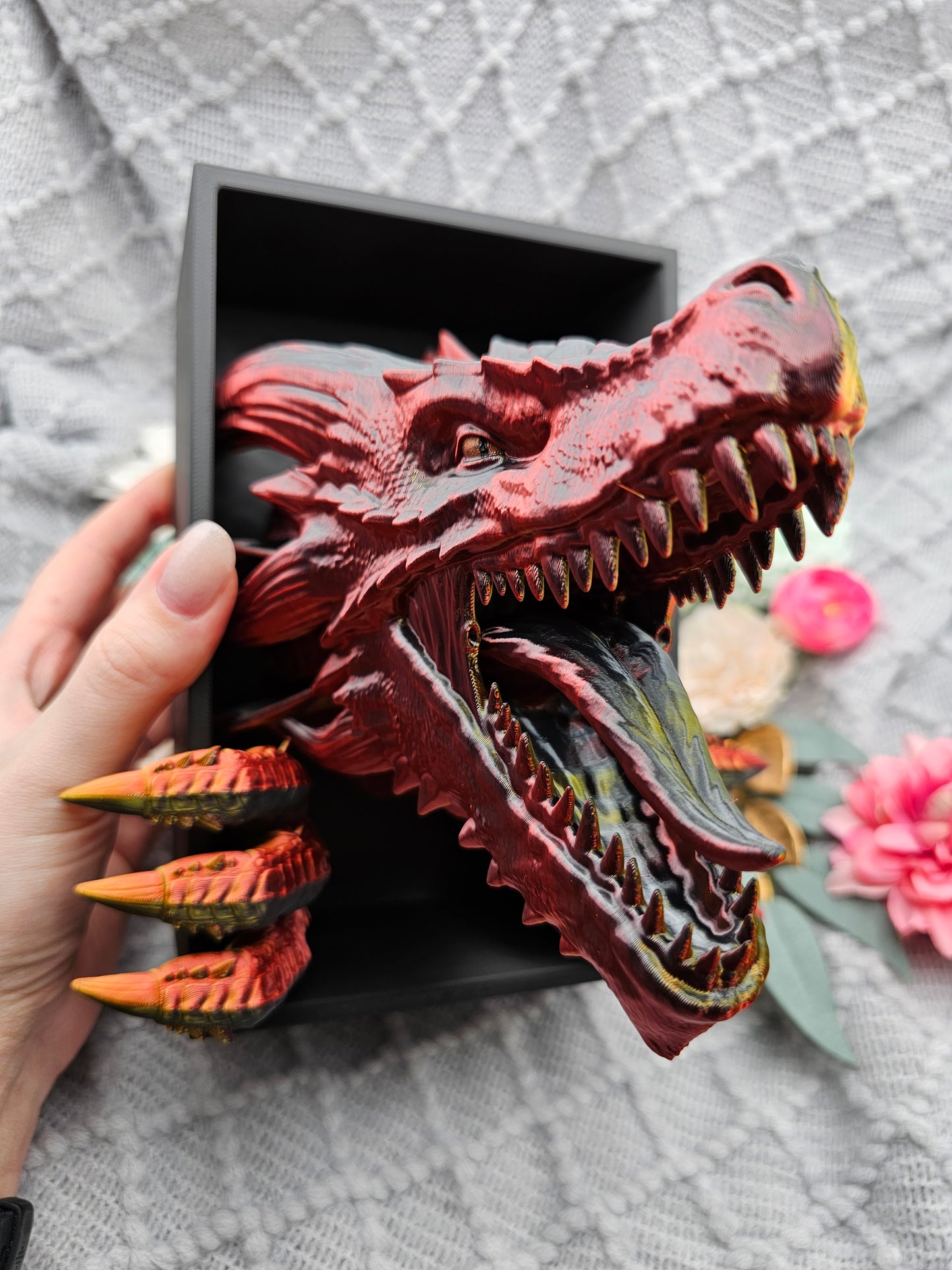 Book Nook Awakening Drache Rot/Schwarz/Gold glänzend | 3D Druck | Buchstütze | Dekoration Bücherregal
