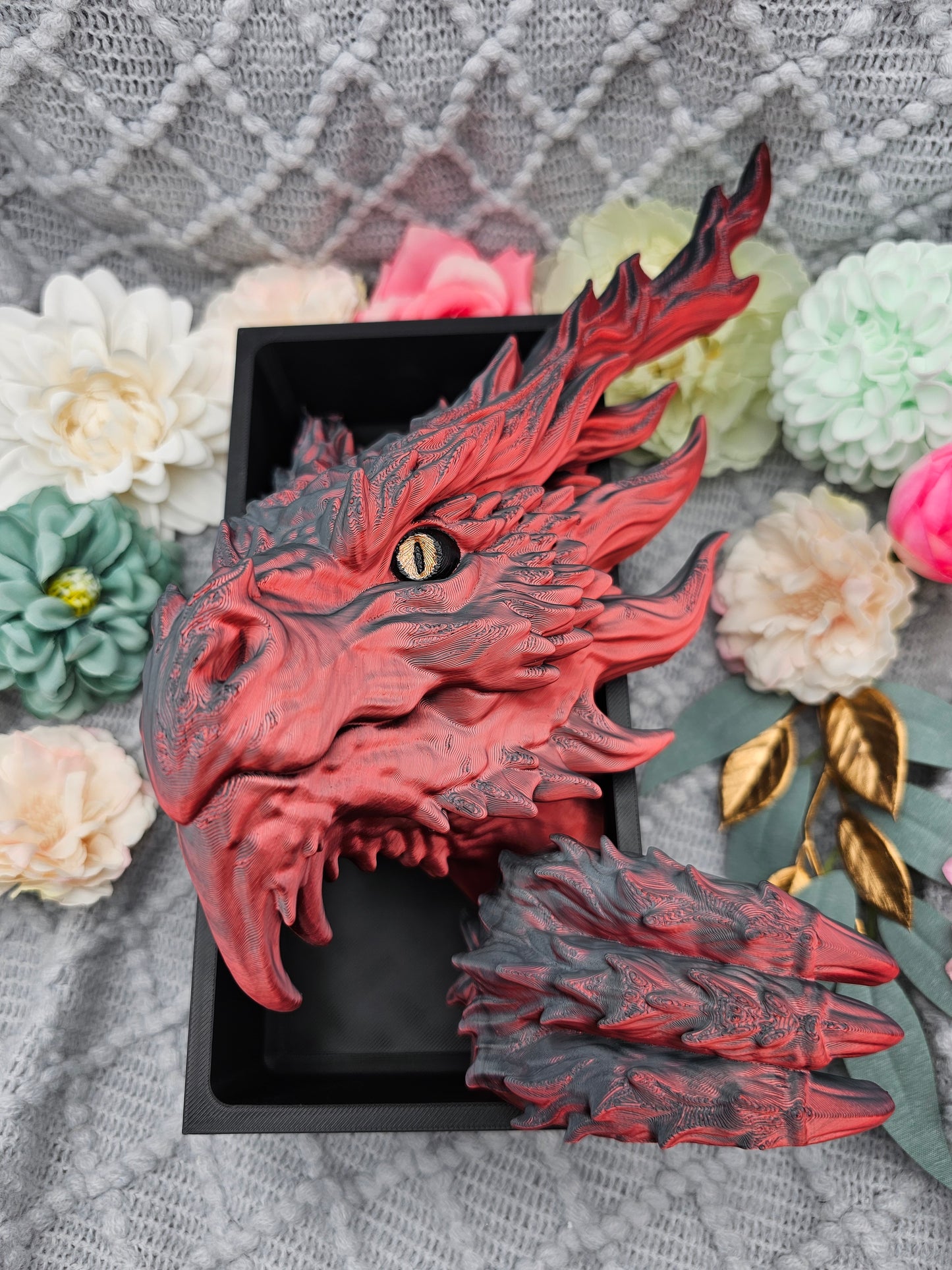 Book Nook Flammendrache Rot/Schwarz glänzend Set/Einzeln | 3D Druck | Buchstütze | Dekoration Bücherregal