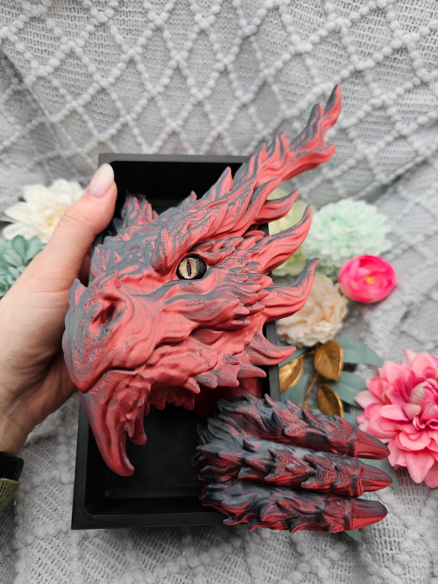 Book Nook Flammendrache Rot/Schwarz glänzend Set/Einzeln | 3D Druck | Buchstütze | Dekoration Bücherregal