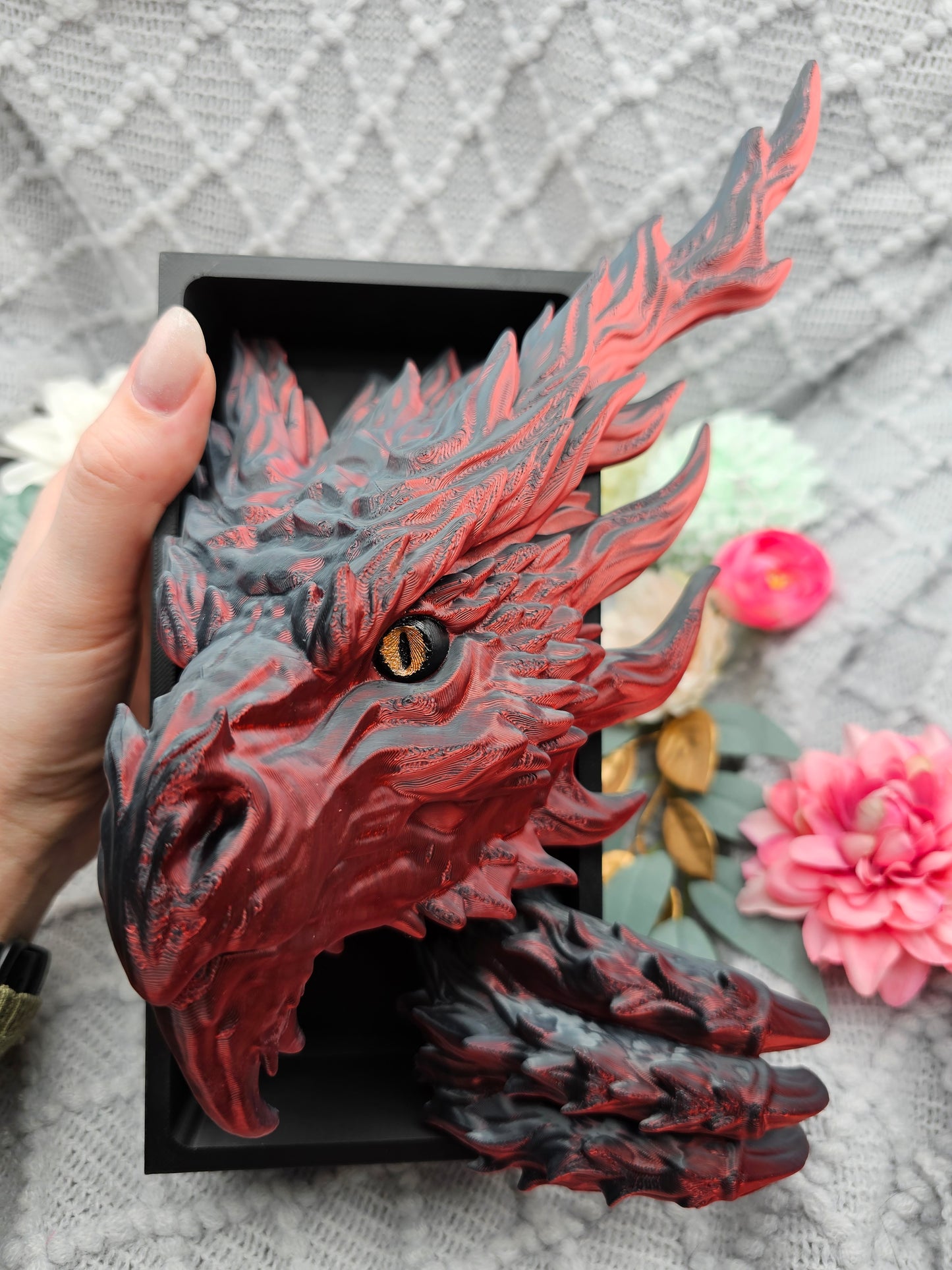 Book Nook Flammendrache Rot/Schwarz glänzend Set/Einzeln | 3D Druck | Buchstütze | Dekoration Bücherregal