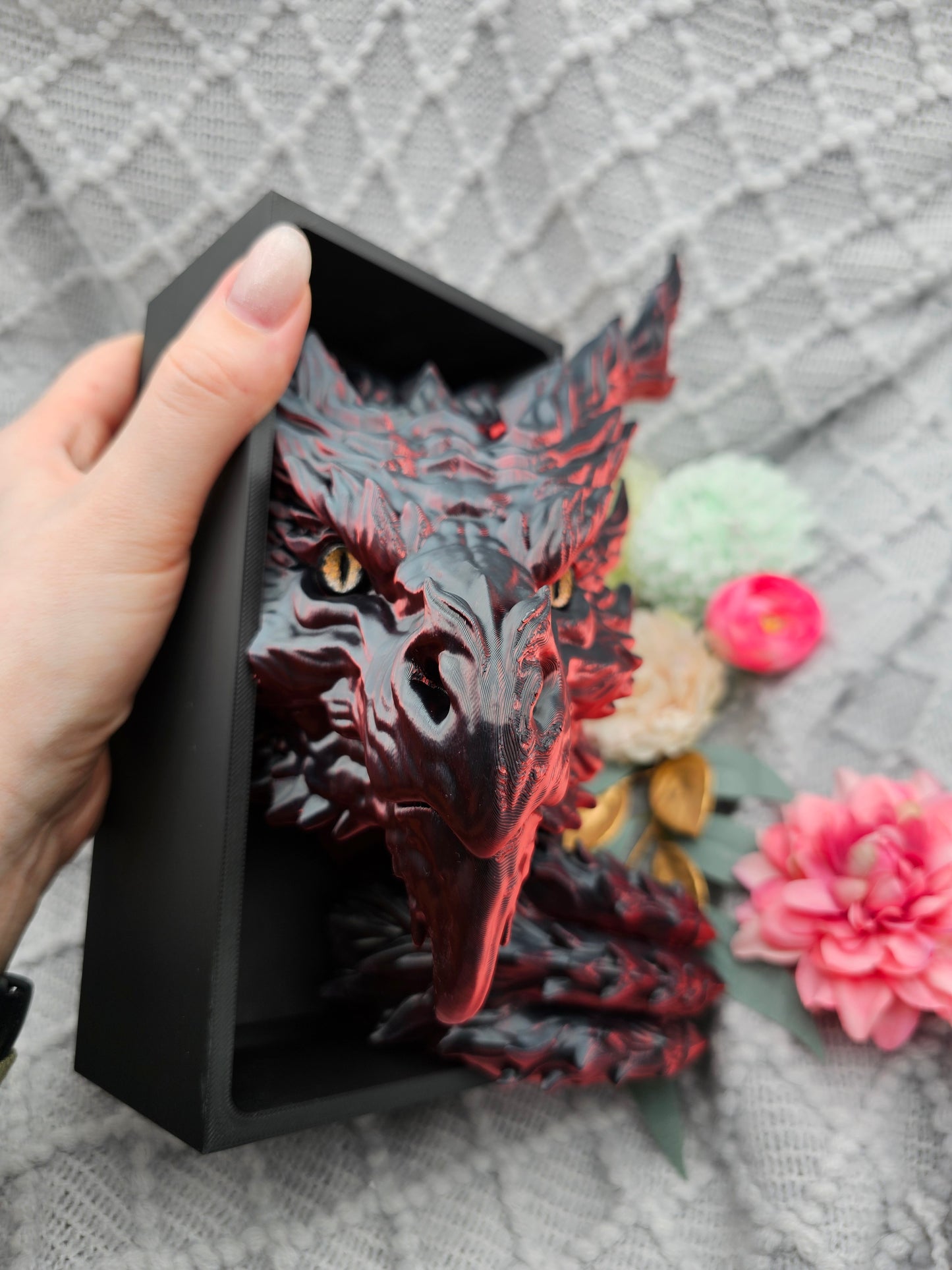 Book Nook Flammendrache Rot/Schwarz glänzend Set/Einzeln | 3D Druck | Buchstütze | Dekoration Bücherregal