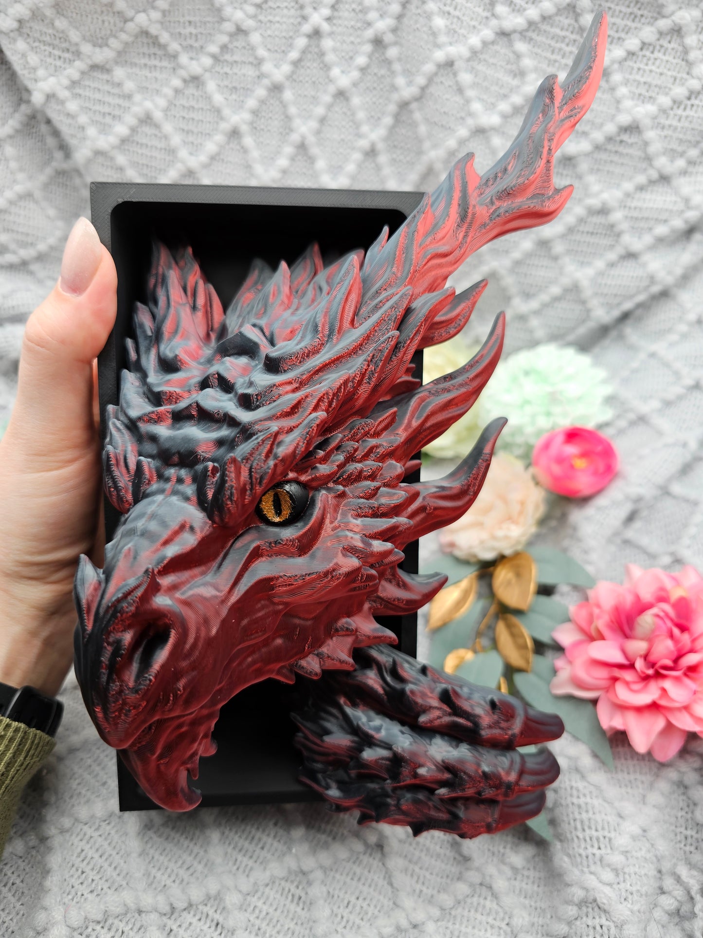 Book Nook Flaming Dragon Red/Black glossy Set/Single | 3D Print | Bookend | Bookshelf Decoration