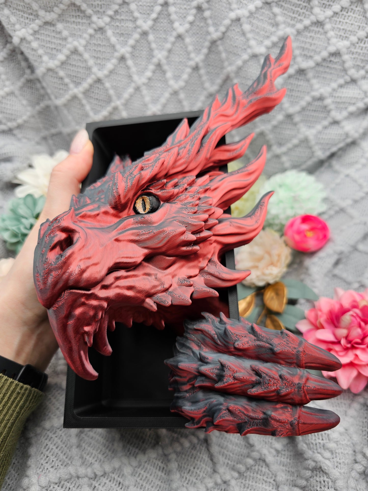 Book Nook Flammendrache Rot/Schwarz glänzend Set/Einzeln | 3D Druck | Buchstütze | Dekoration Bücherregal