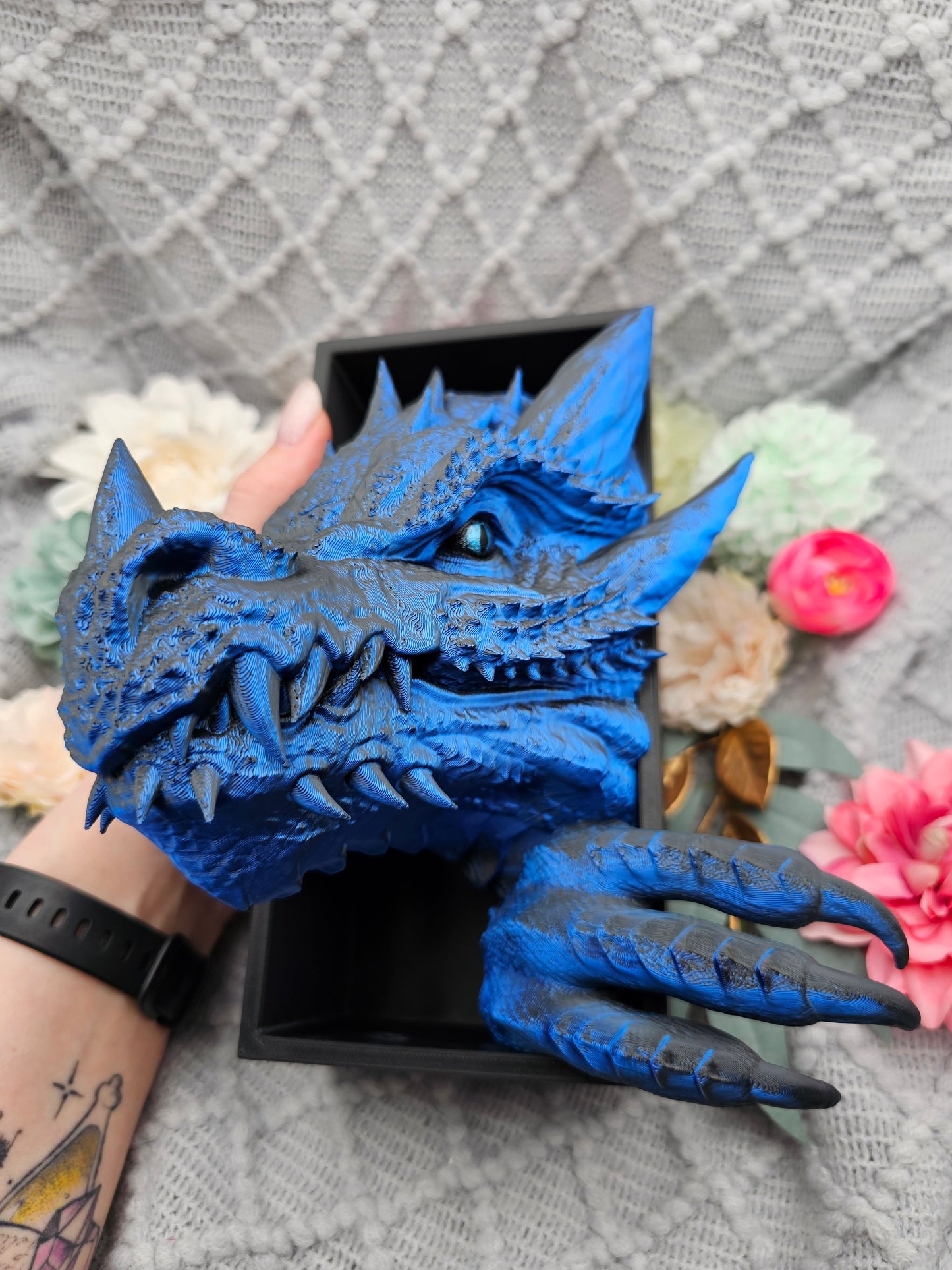 Book Nook Drache Blau/Schwarz glänzend Set/Einzeln | 3D Druck | Buchstütze | Dekoration Bücherregal
