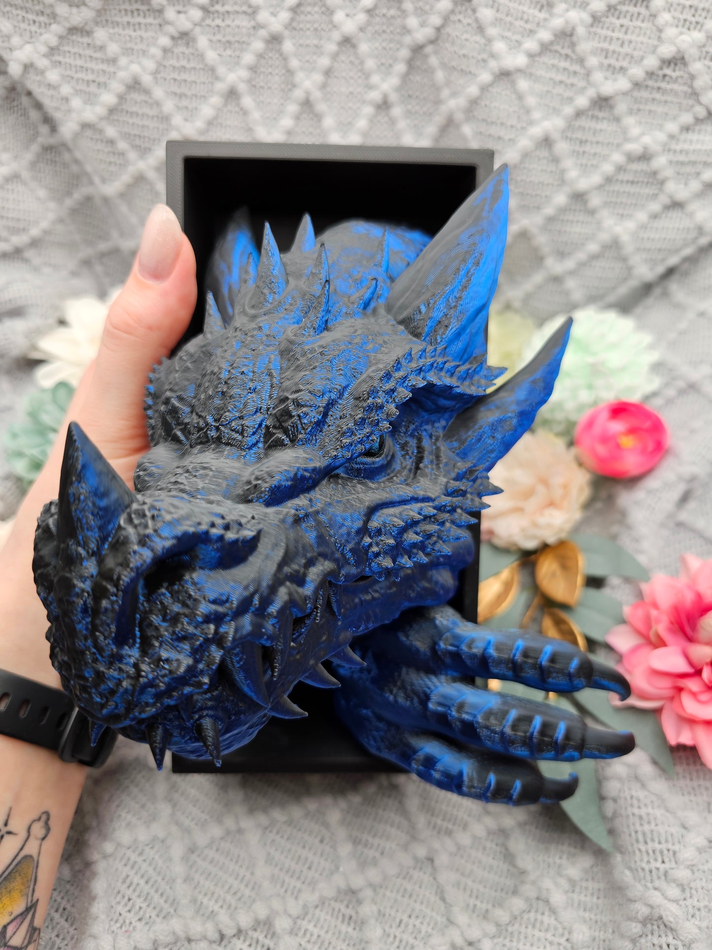 Book Nook Drache Blau/Schwarz glänzend Set/Einzeln | 3D Druck | Buchstütze | Dekoration Bücherregal