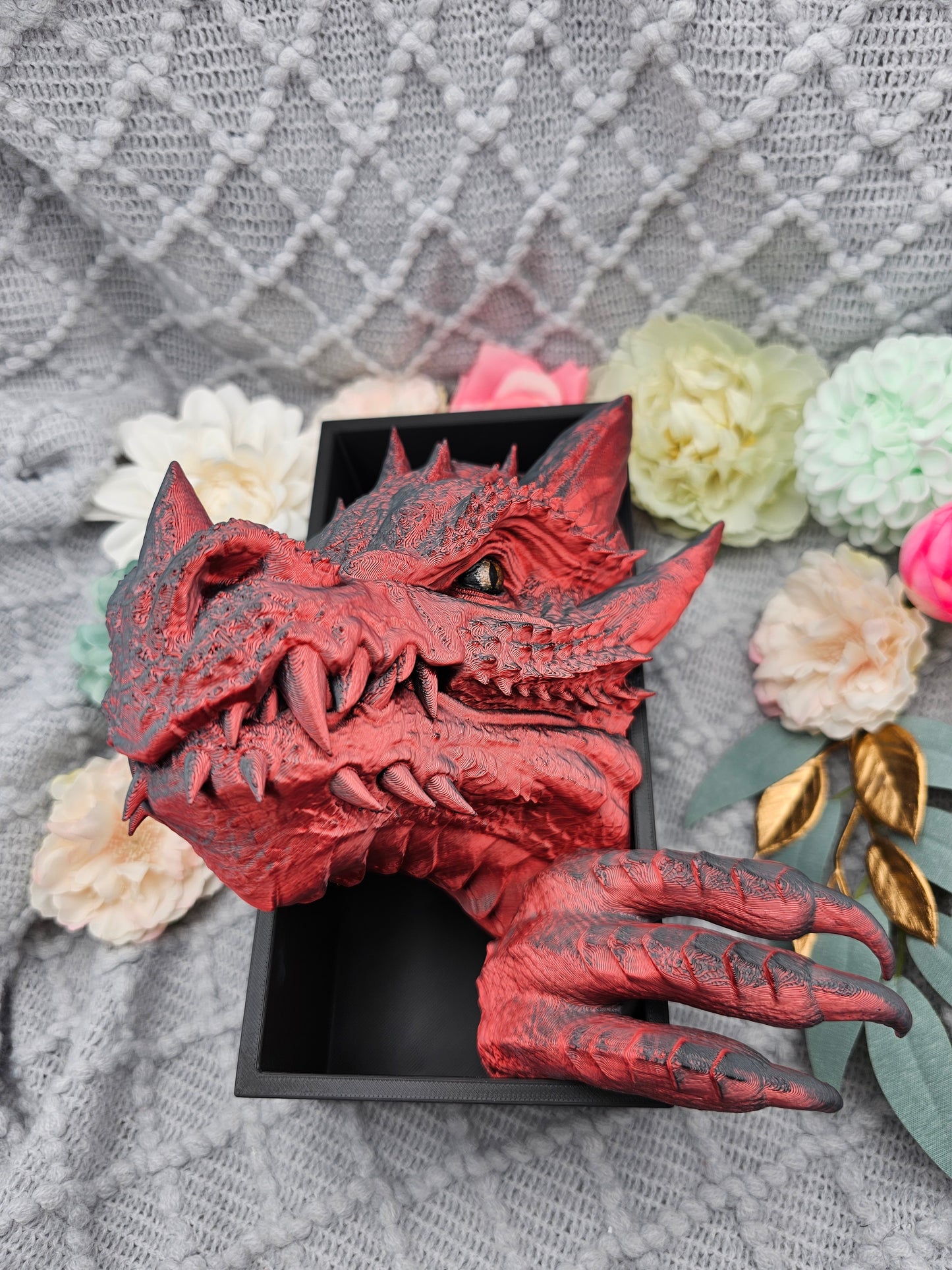 Book Nook Drache Rot/Schwarz glänzend  Set/Einzeln | 3D Druck | Buchstütze | Dekoration Bücherregal