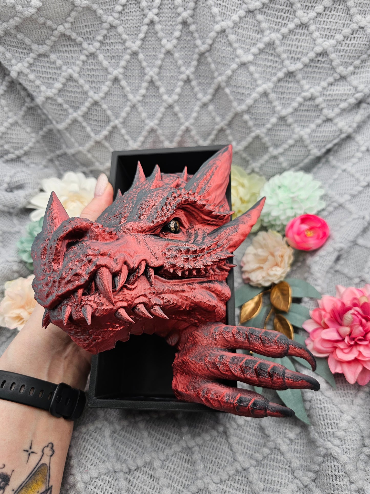 Book Nook Drache Rot/Schwarz glänzend  Set/Einzeln | 3D Druck | Buchstütze | Dekoration Bücherregal