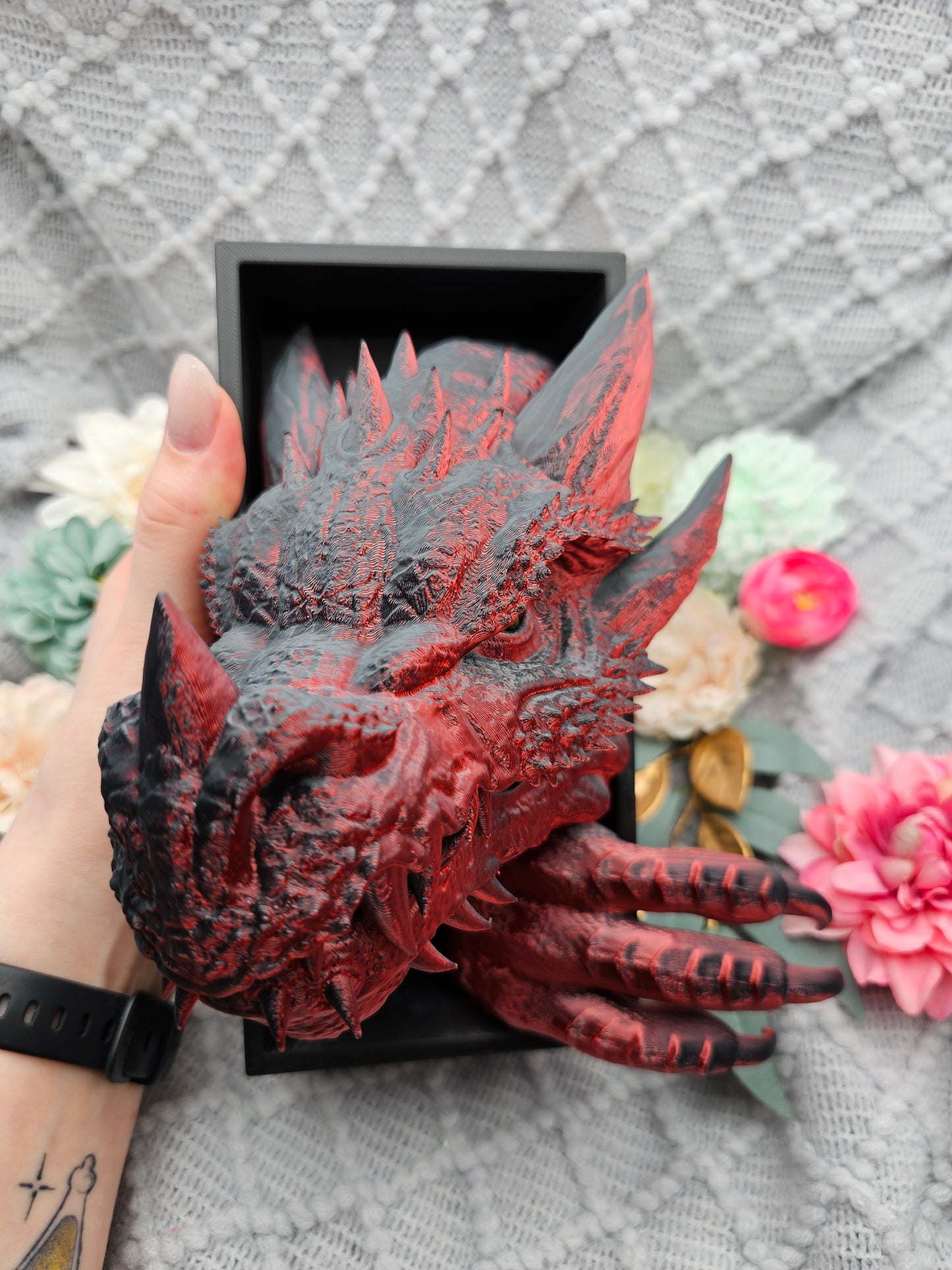 Book Nook Drache Rot/Schwarz glänzend  Set/Einzeln | 3D Druck | Buchstütze | Dekoration Bücherregal