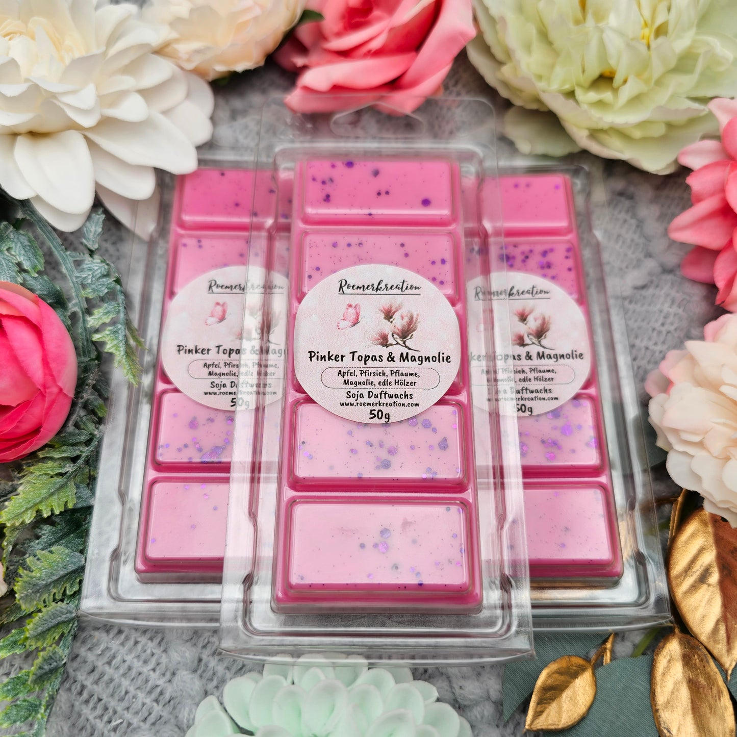 Tafel 50 g | Pinker Topas & Magnolie | Duftwachs