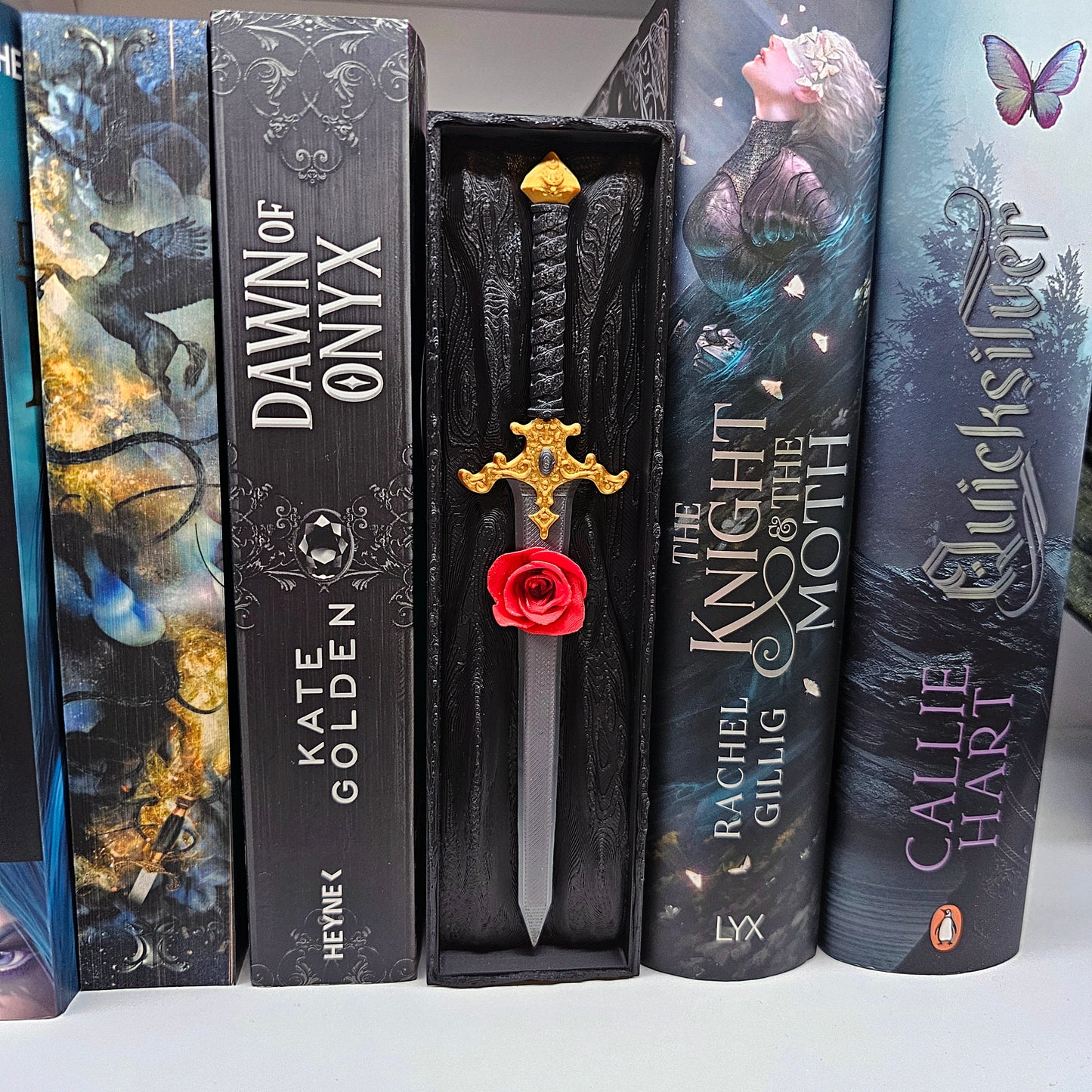 Book Nook Sword & Rose Black with Secret Compartment | 3D Print | Bookend | Bookshelf Decoration