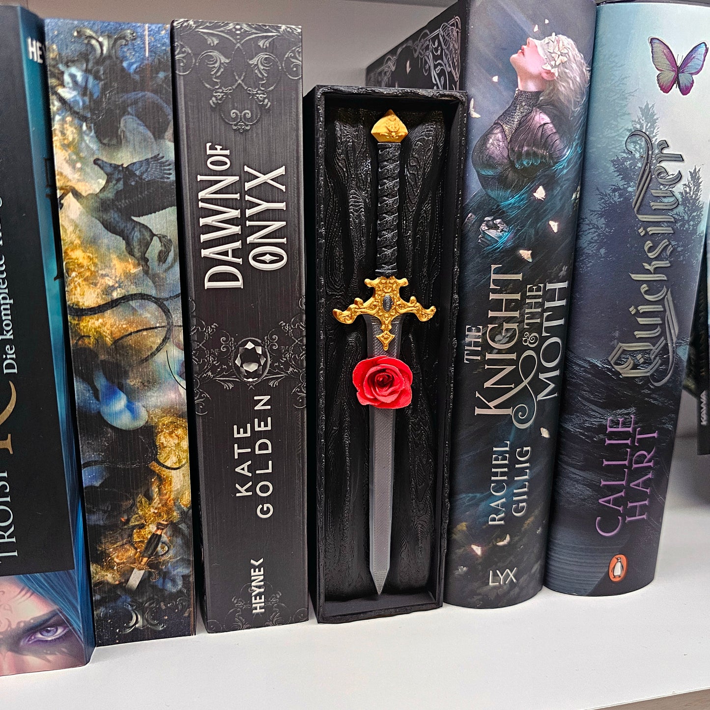 Book Nook Sword & Rose Black with Secret Compartment | 3D Print | Bookend | Bookshelf Decoration