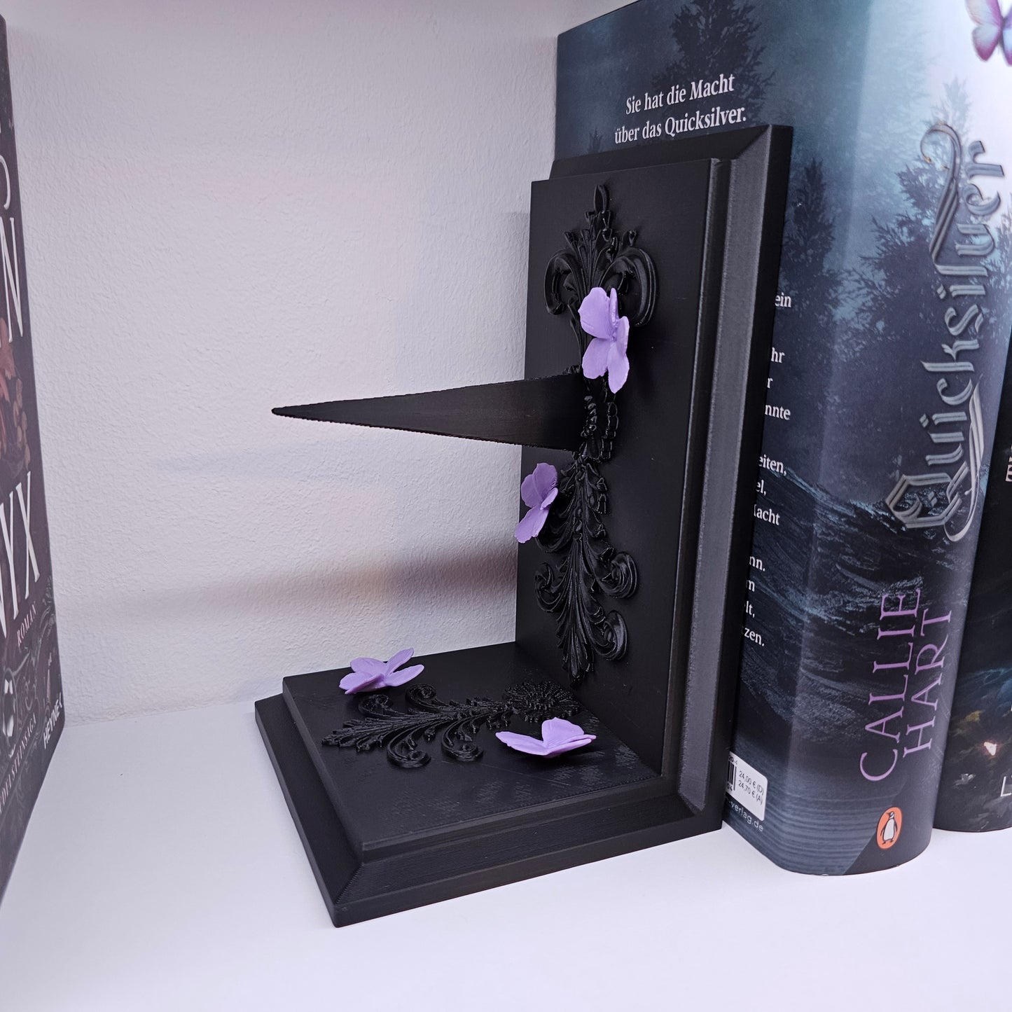 Bookends Set Dagger with Blossoms Black | 3D Print | Book Holder