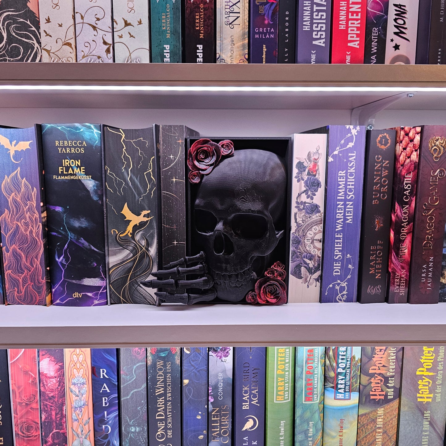 Book Nook Skull with Roses Large Color Selection | 3D Print | Bookend | Bookshelf Decoration