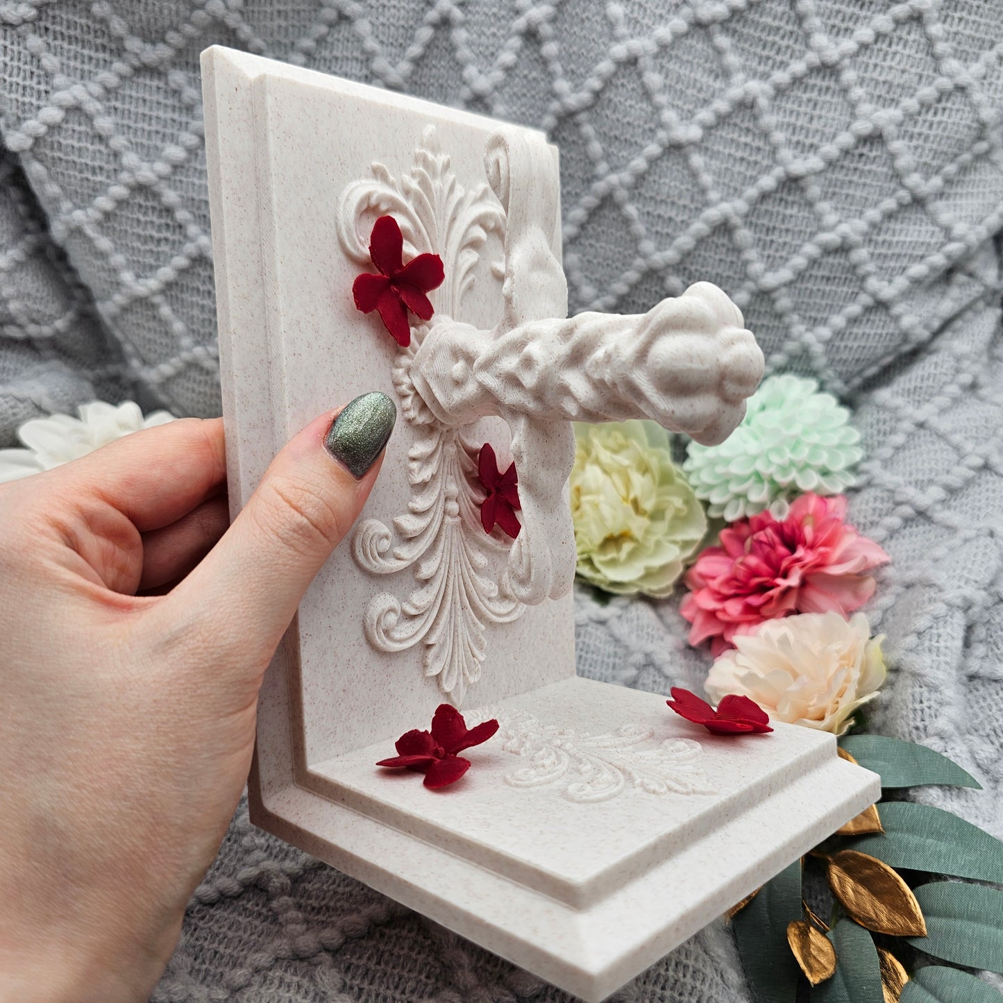 Bookends Set Dagger with Flowers Marble | 3D Print | Book Holder