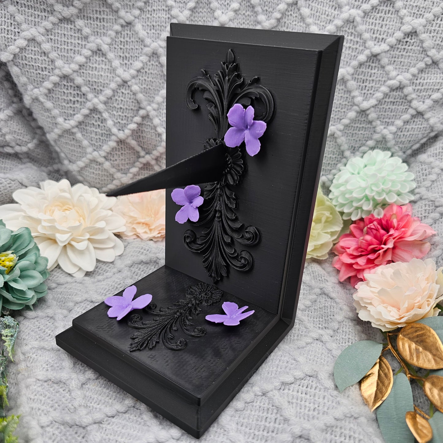 Bookends Set Dagger with Blossoms Black | 3D Print | Book Holder