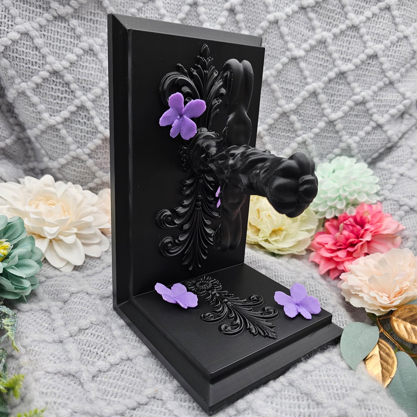 Bookends Set Dagger with Blossoms Black | 3D Print | Book Holder