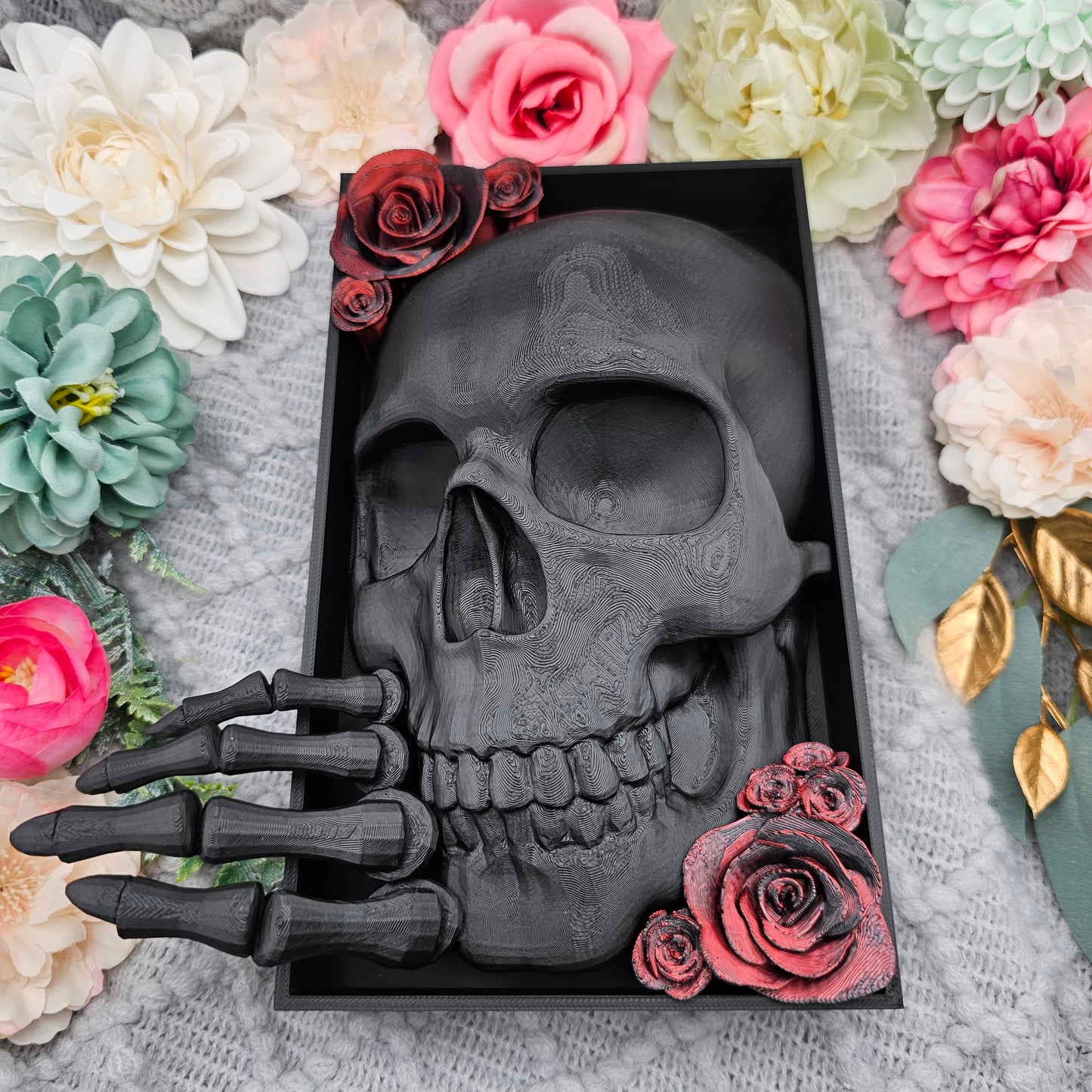 Book Nook Skull with Roses Large Color Selection | 3D Print | Bookend | Bookshelf Decoration