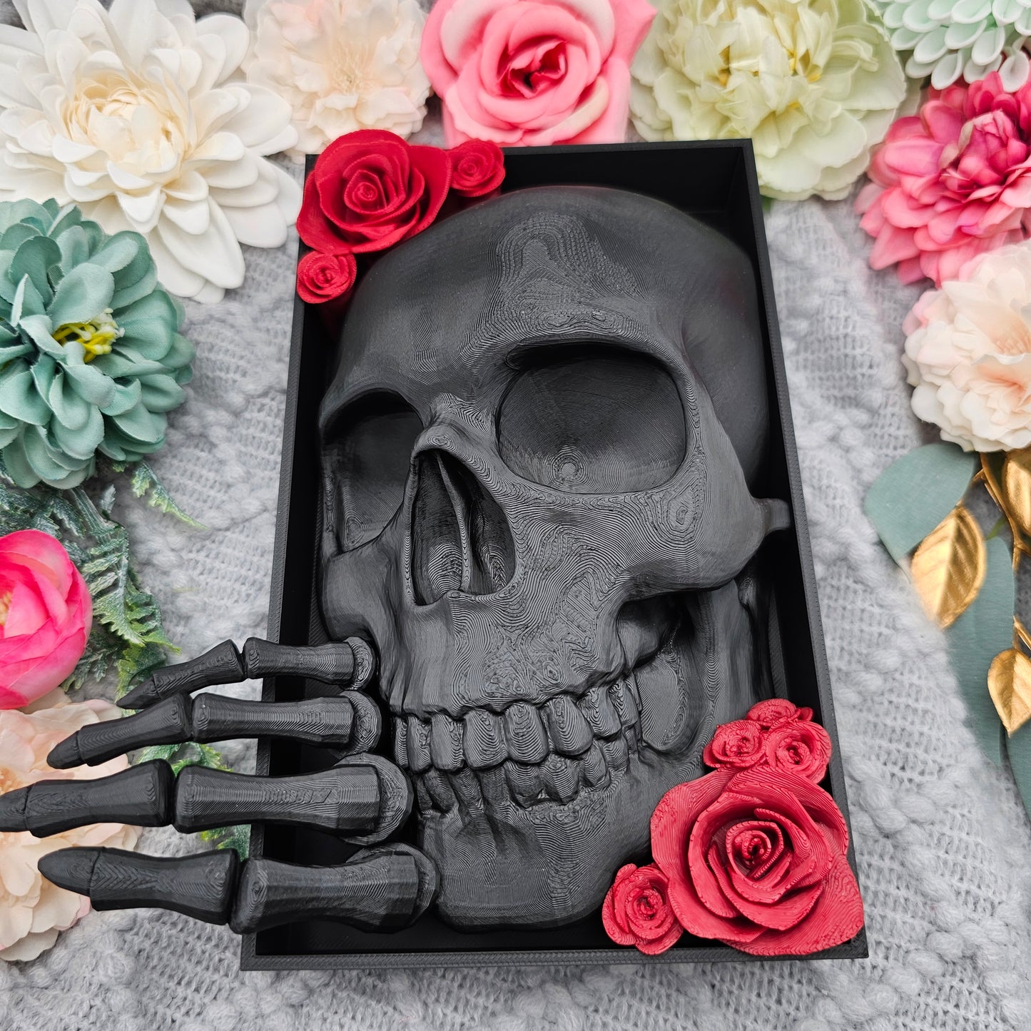 Book Nook Skull with Roses Large Color Selection | 3D Print | Bookend | Bookshelf Decoration