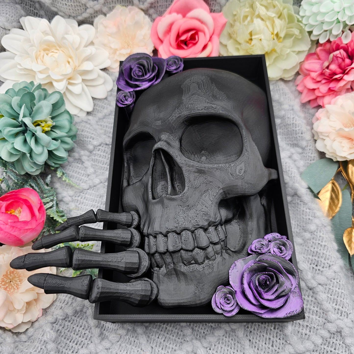 Book Nook Skull with Roses Large Color Selection | 3D Print | Bookend | Bookshelf Decoration