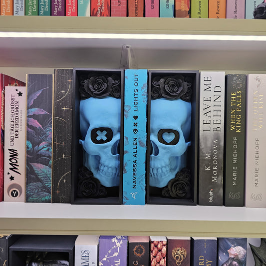 Book Nook LO Edition Totenkopf mit Rosen Schwarz/Blau | 3D Druck | Buchstütze | Dekoration Bücherregal