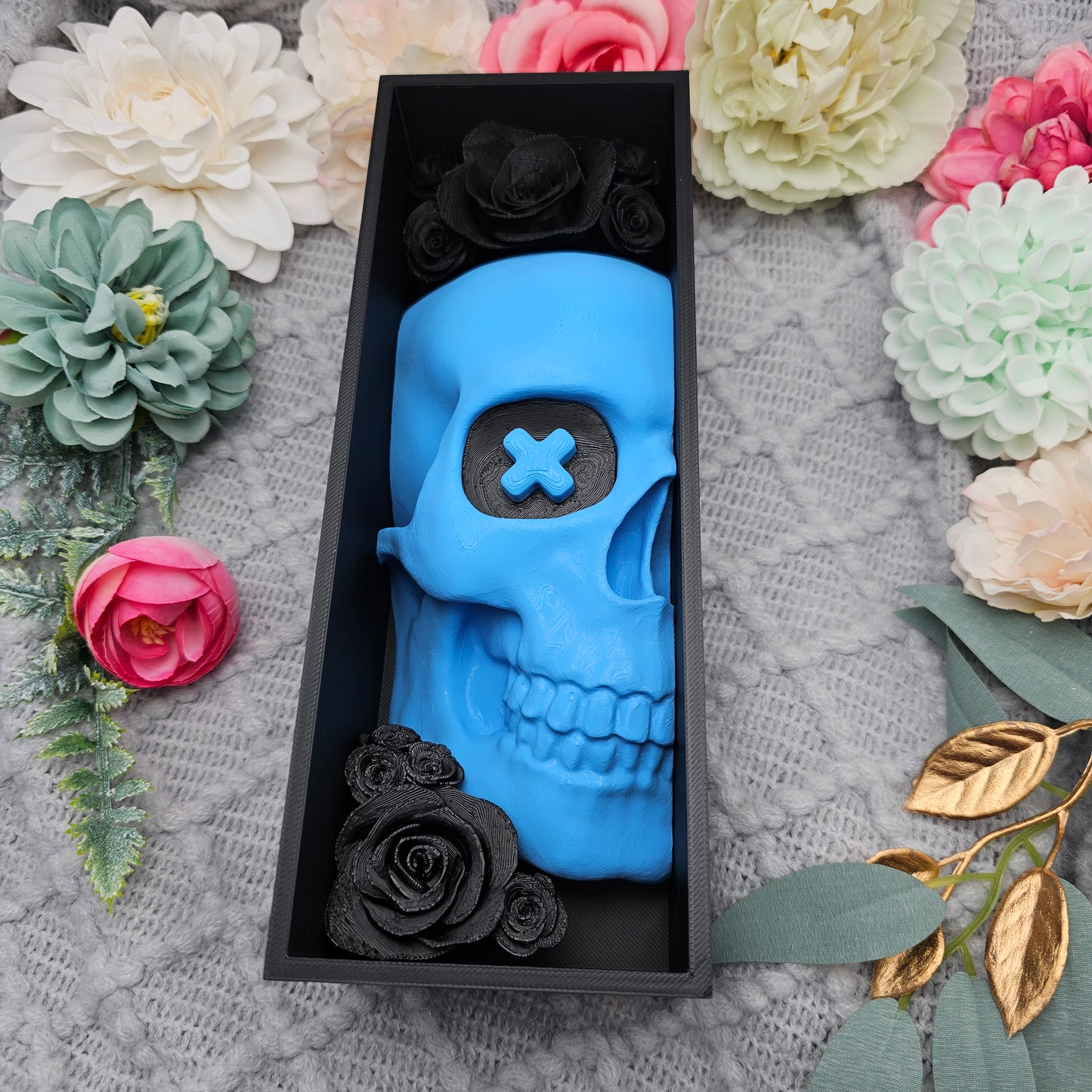 Book Nook LO Edition Skull with Roses Black/Blue Set/Single | 3D Print | Bookend | Bookshelf Decoration