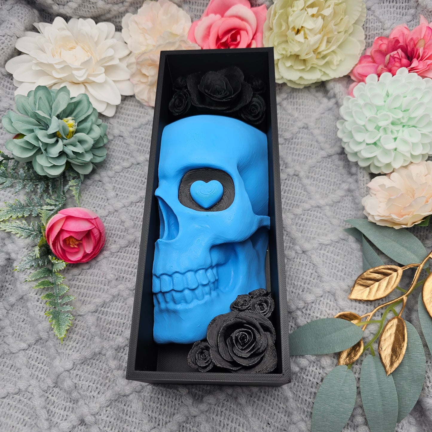 Book Nook LO Edition Skull with Roses Black/Blue Set/Single | 3D Print | Bookend | Bookshelf Decoration