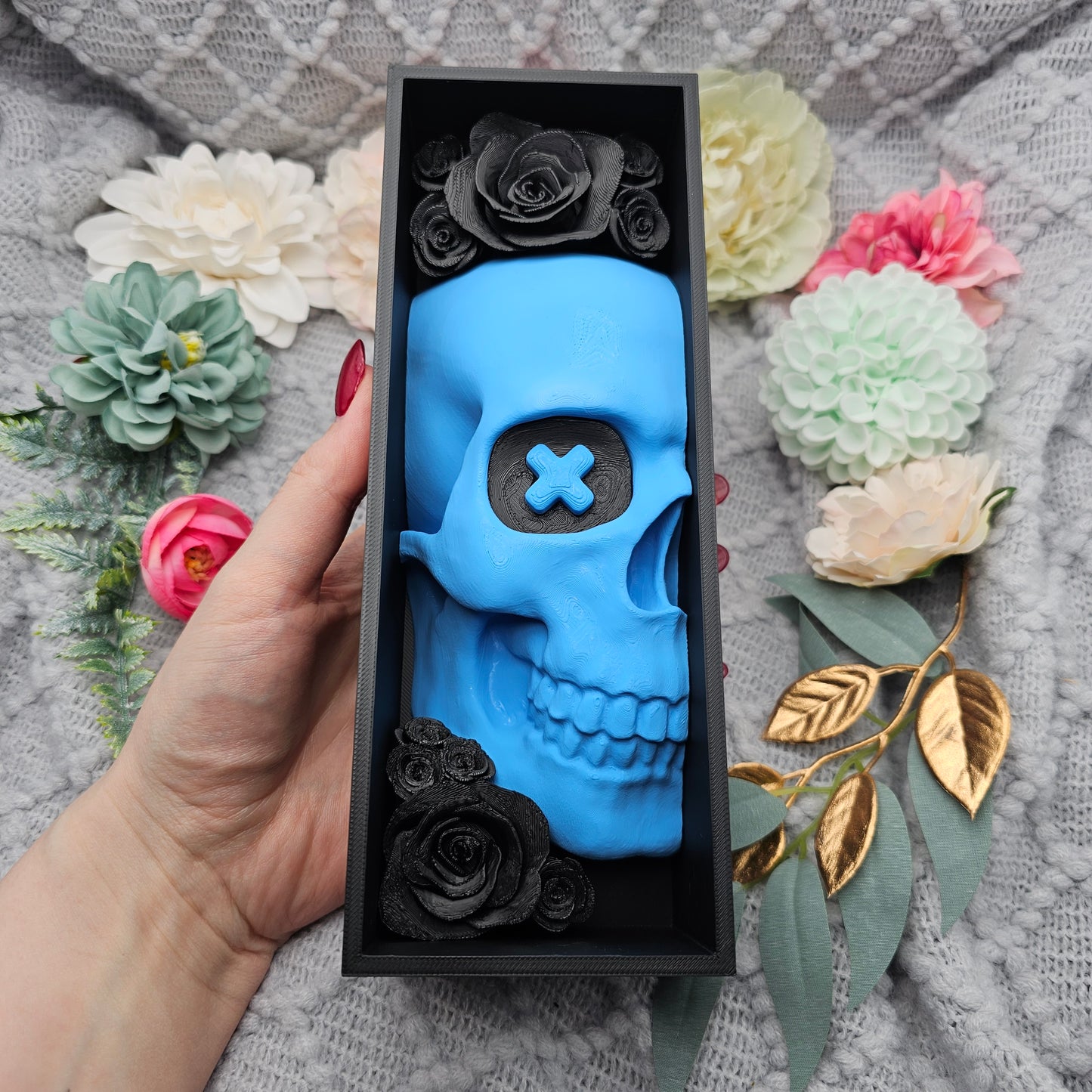 Book Nook LO Edition Skull with Roses Black/Blue Set/Single | 3D Print | Bookend | Bookshelf Decoration