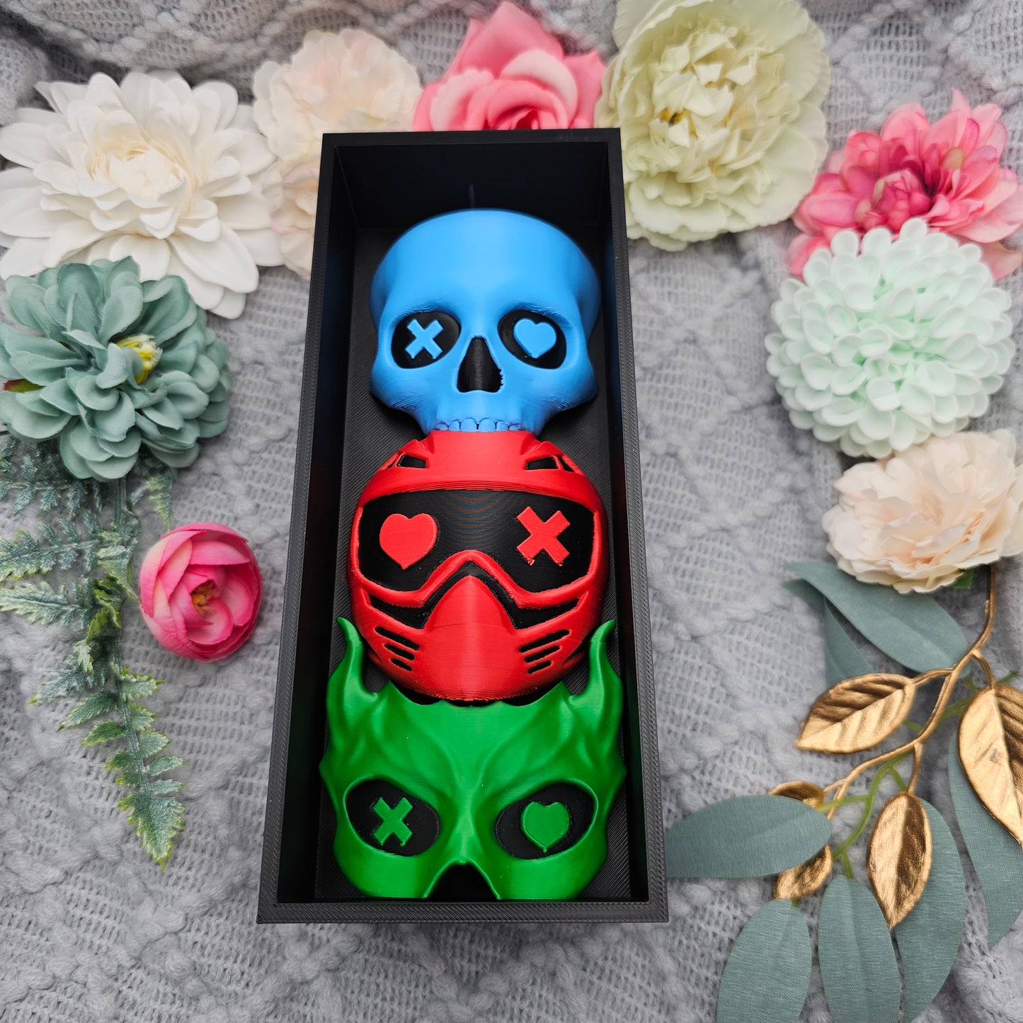 Book Nook LO Edition Masken Schwarz/Blau/Rot/Grün | 3D Druck | Buchstütze | Dekoration Bücherregal