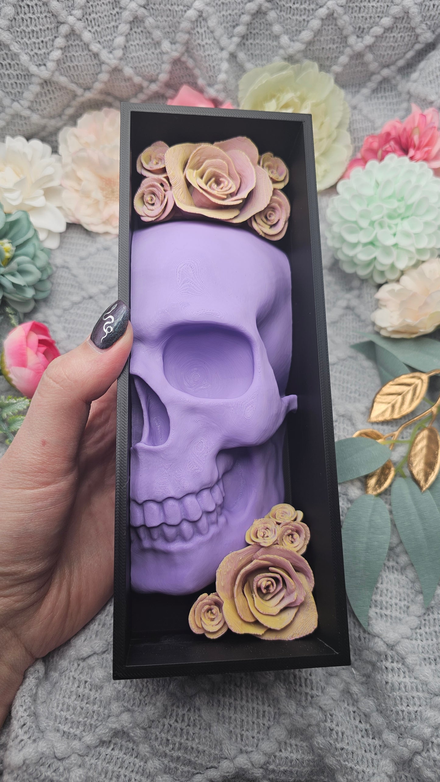 Book Nook DSOL Edition Skull with Roses Purple/Orange Set/Single | 3D Print | Bookend | Bookshelf Decoration