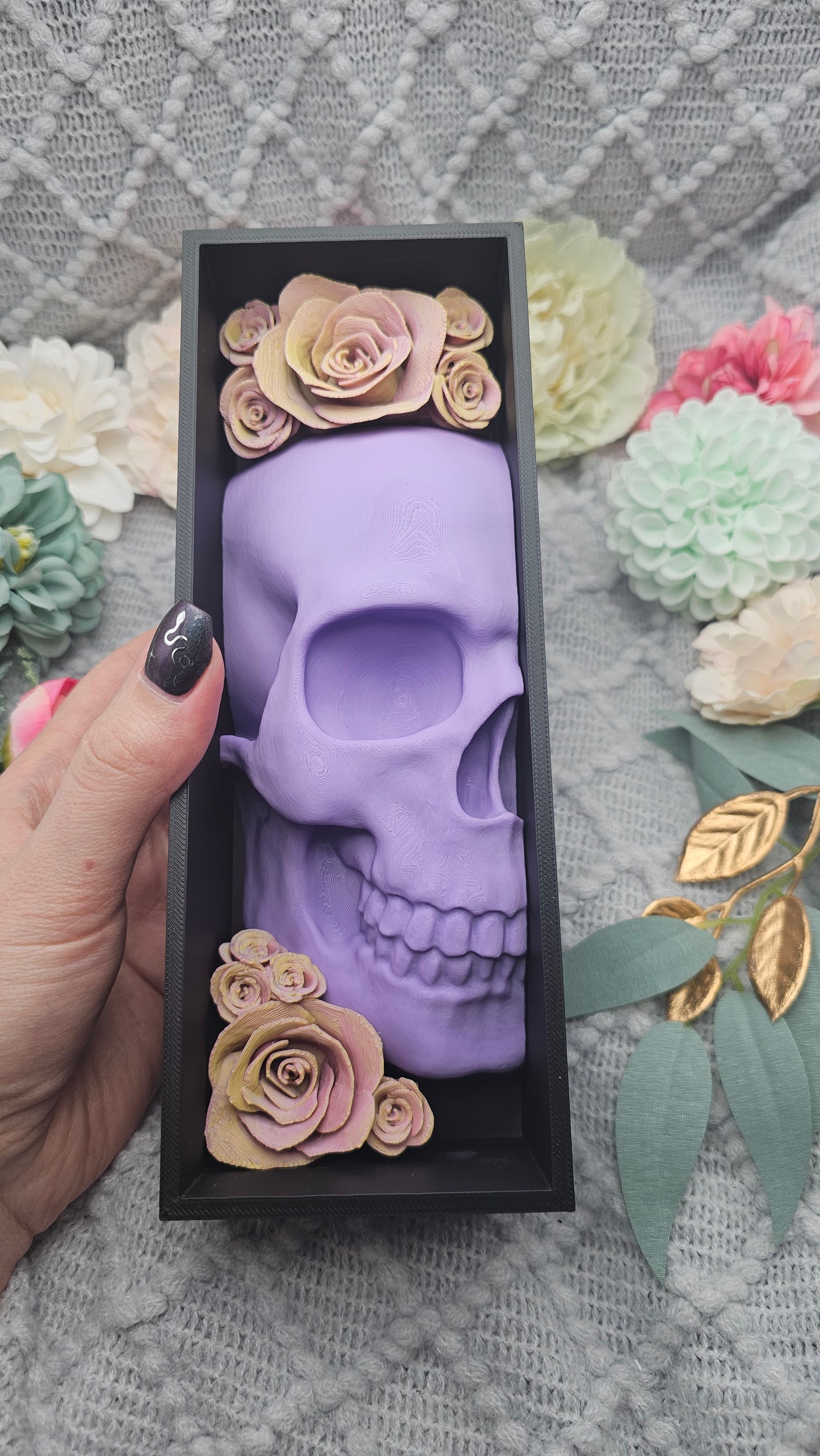 Book Nook DSOL Edition Skull with Roses Purple/Orange Set/Single | 3D Print | Bookend | Bookshelf Decoration