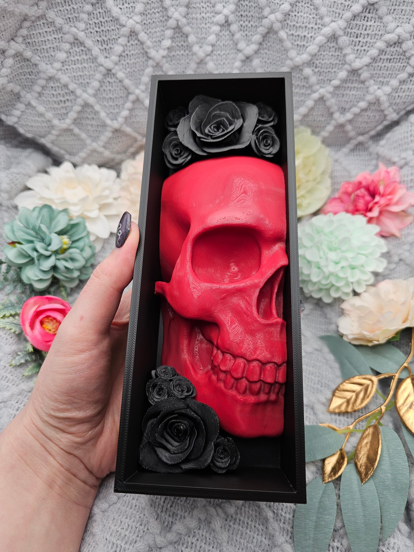 Book Nook Skull Red with Roses 8 Colors to Choose Set/Single | 3D Print | Bookend | Bookshelf Decoration