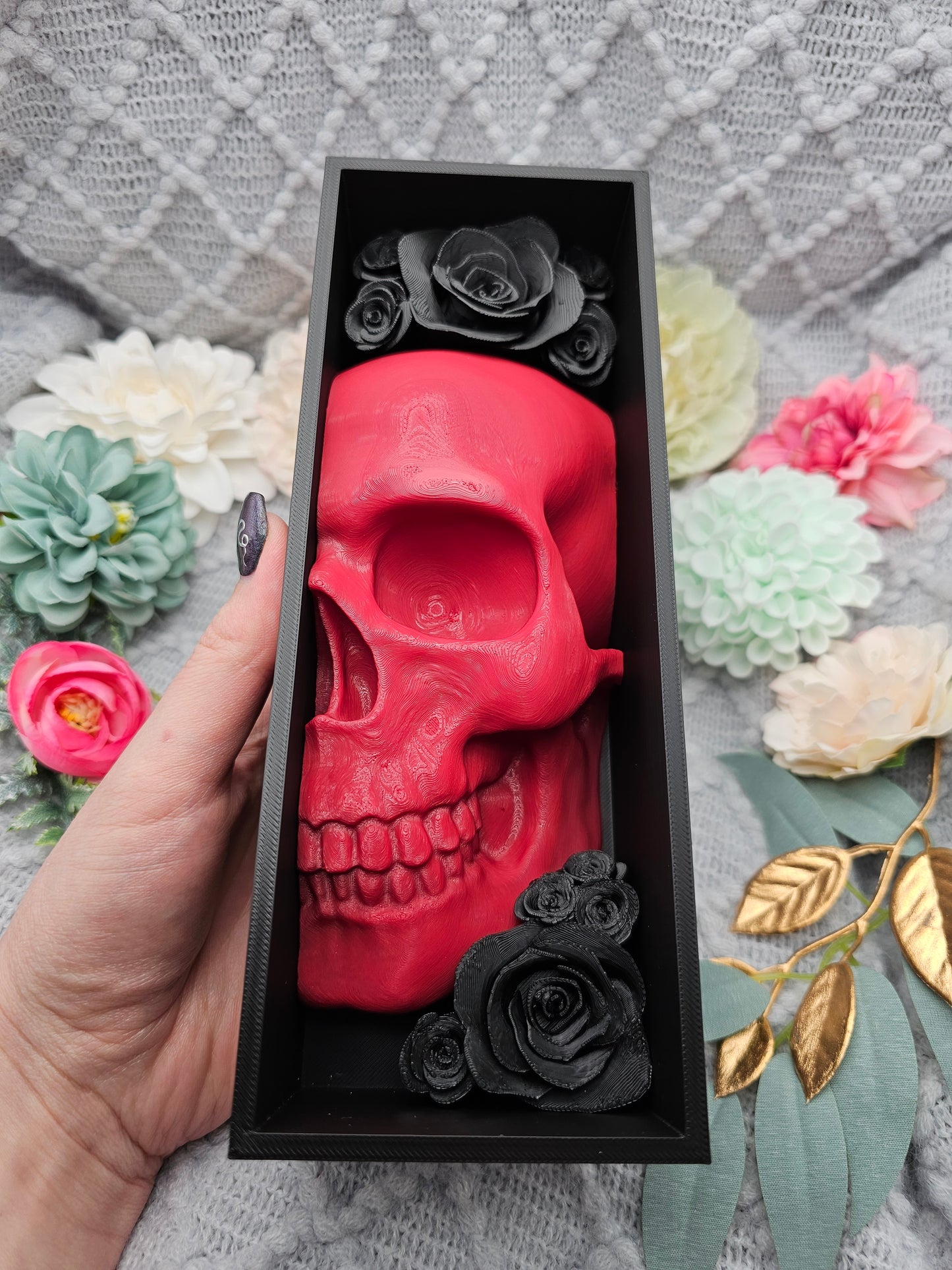 Book Nook Skull Red with Roses 8 Colors to Choose Set/Single | 3D Print | Bookend | Bookshelf Decoration