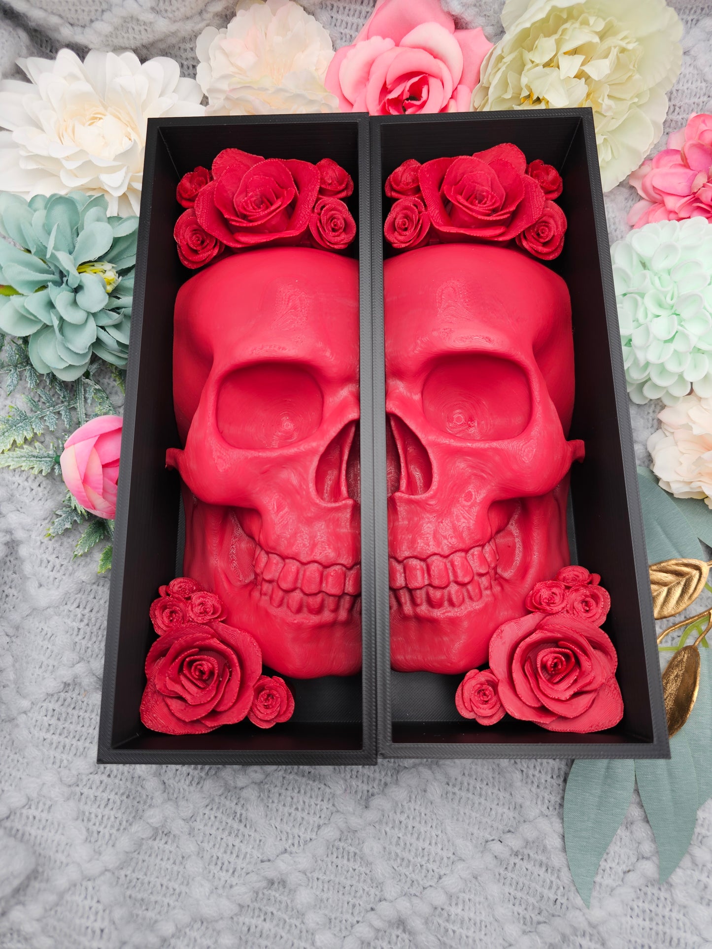 Book Nook Skull Red with Roses 8 Colors to Choose Set/Single | 3D Print | Bookend | Bookshelf Decoration