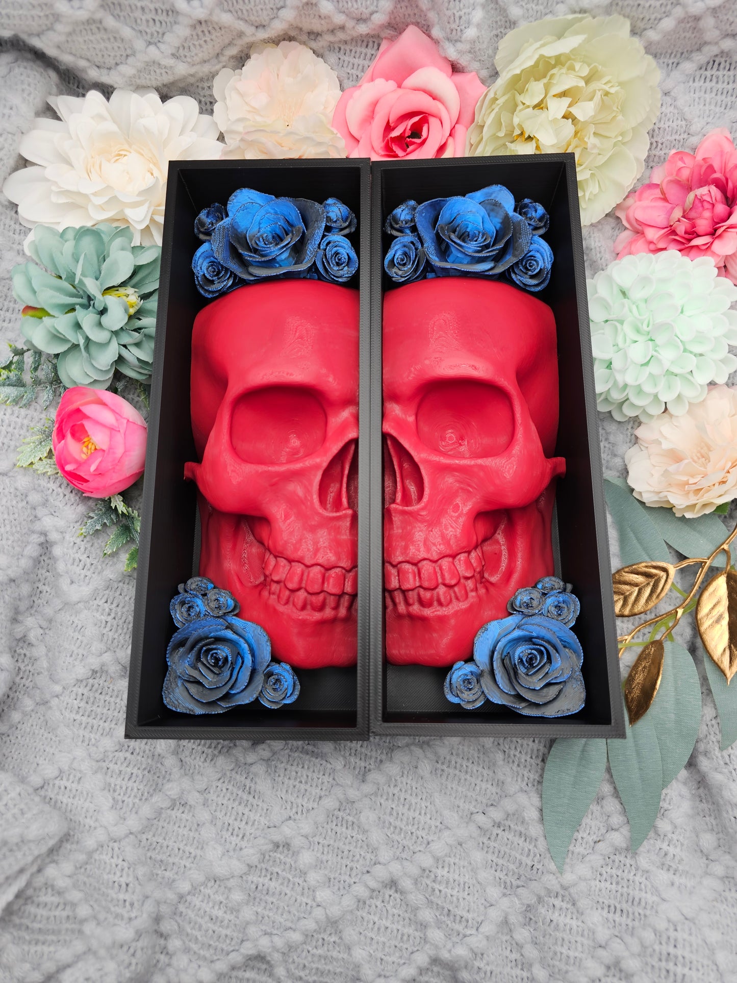 Book Nook Skull Red with Roses 8 Colors to Choose Set/Single | 3D Print | Bookend | Bookshelf Decoration